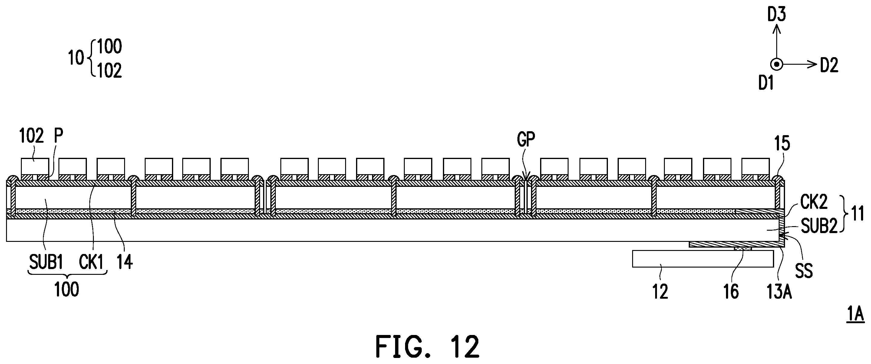Patent US12568726 Figure 12 – Electronic device having light-emitting diode display modules configured for reducing gap sizes at splices of modules