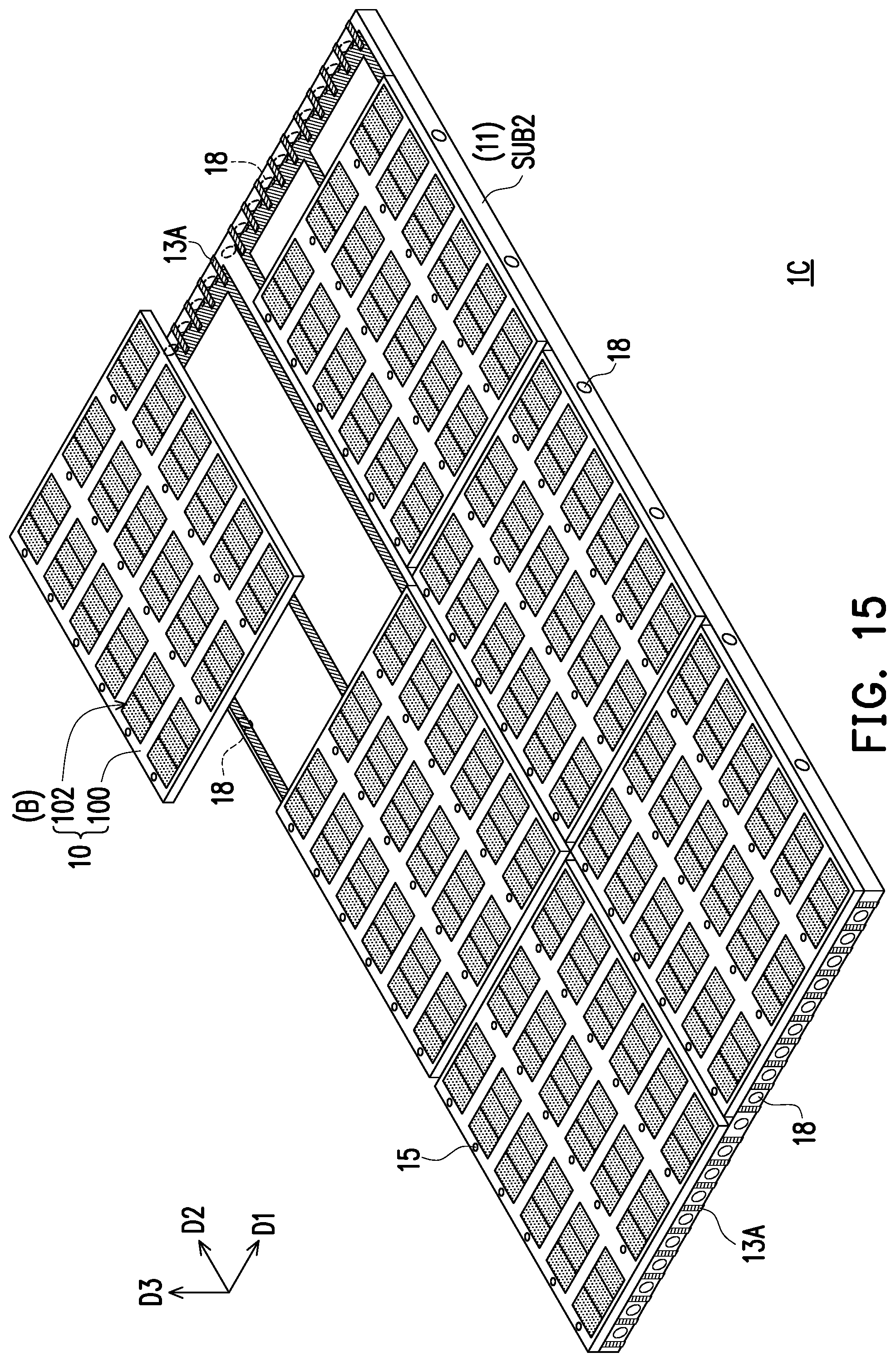 Patent US12568726 Figure 15 – Electronic device having light-emitting diode display modules configured for reducing gap sizes at splices of modules