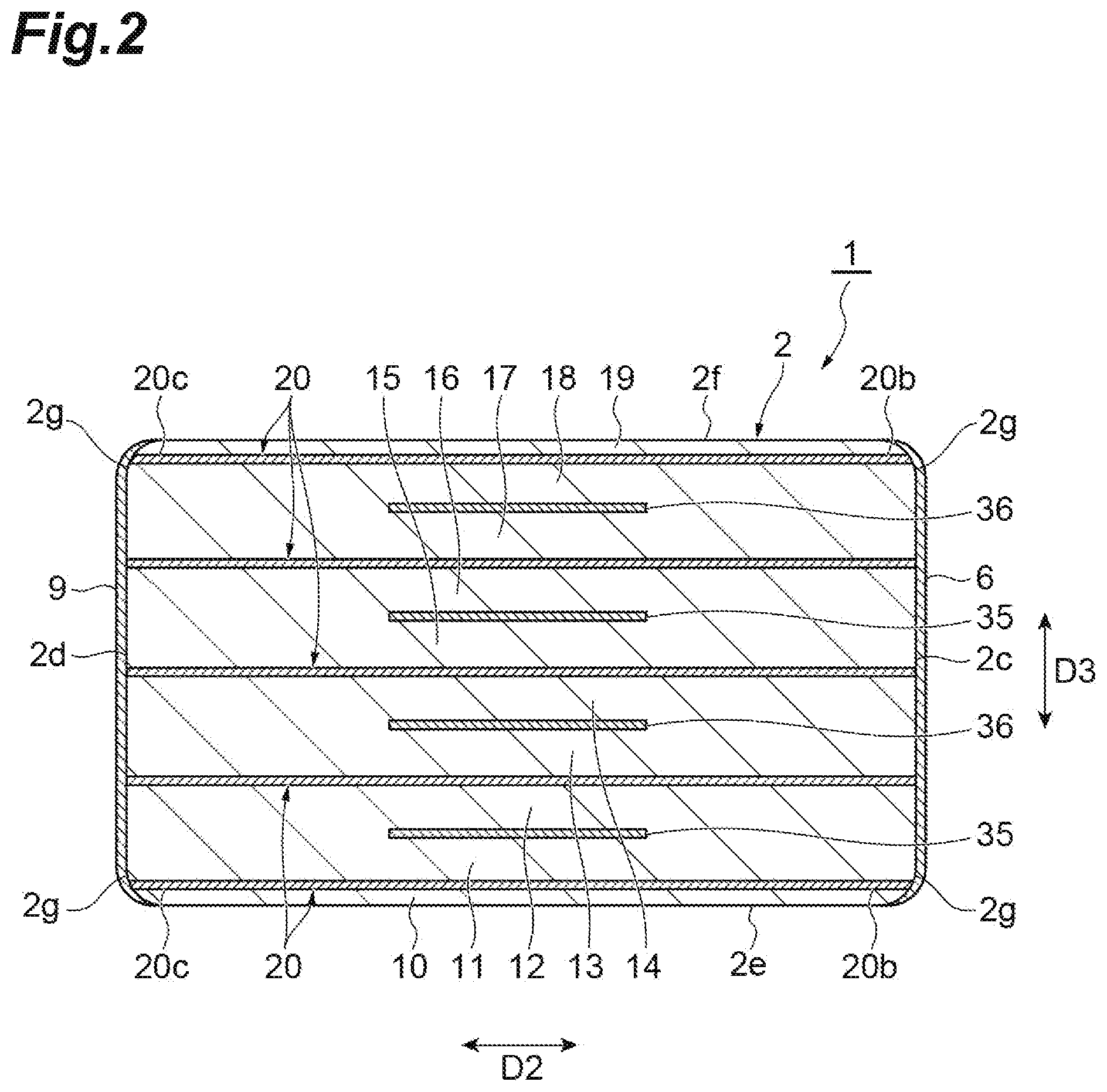 Patent US12568762 Figure 2 – Piezoelectric element with internal electrode having electrode portions and connector