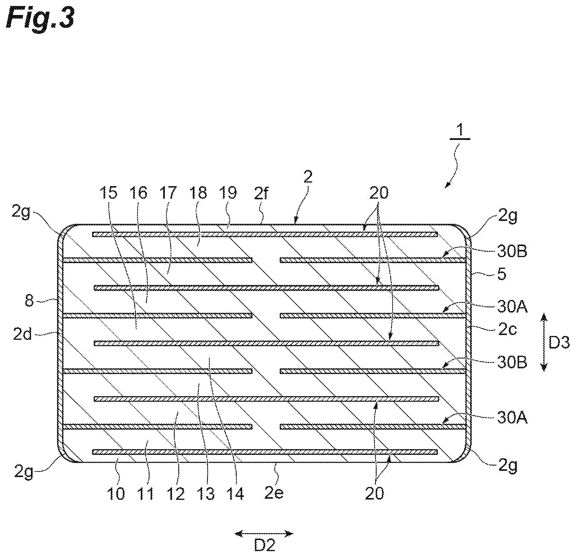 Patent US12568762 Figure 3 – Piezoelectric element with internal electrode having electrode portions and connector