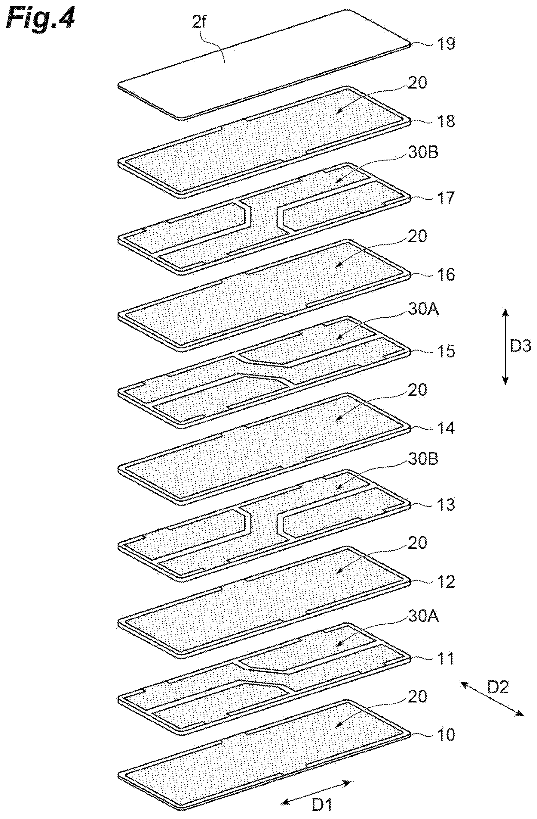 Patent US12568762 Figure 4 – Piezoelectric element with internal electrode having electrode portions and connector