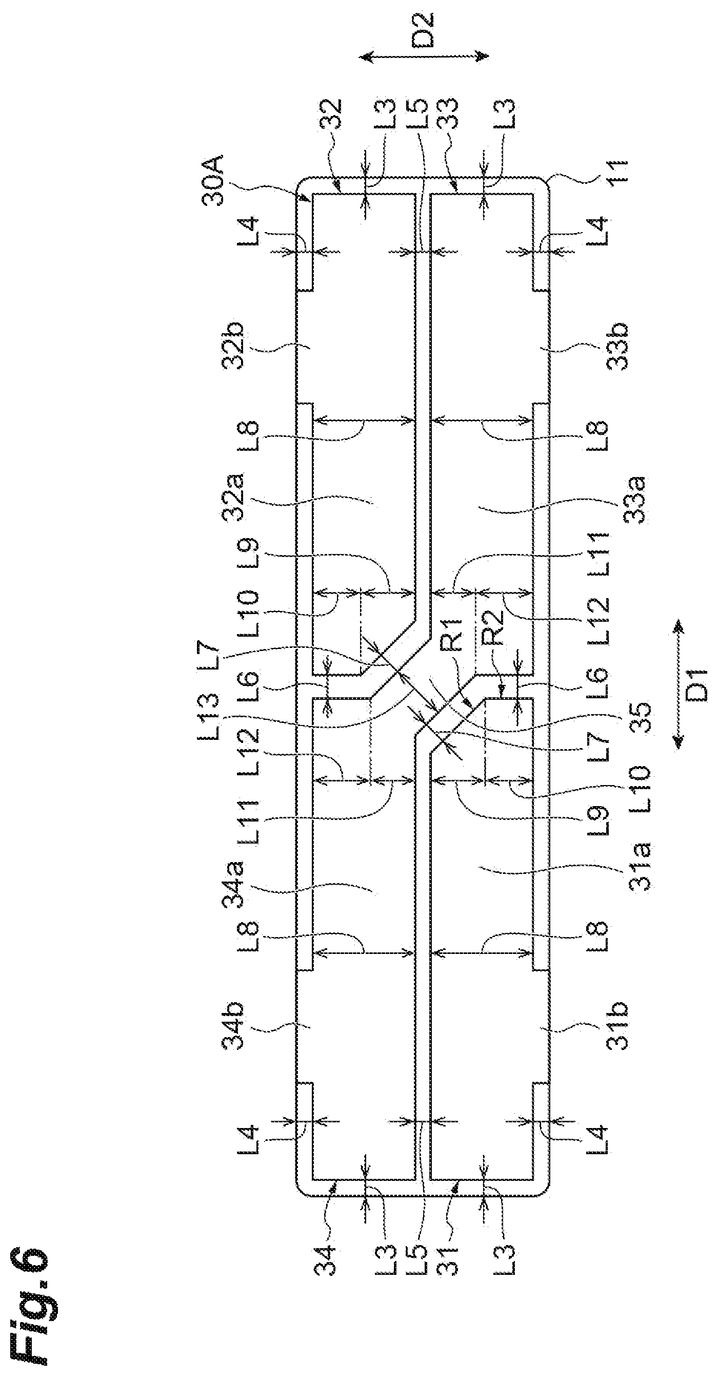 Patent US12568762 Figure 6 – Piezoelectric element with internal electrode having electrode portions and connector