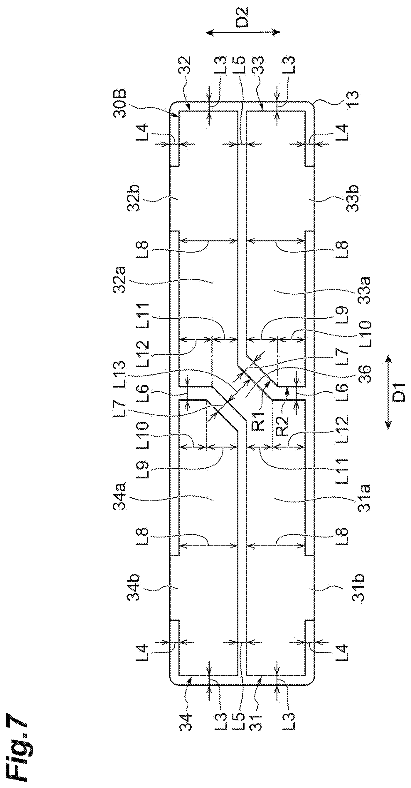 Patent US12568762 Figure 7 – Piezoelectric element with internal electrode having electrode portions and connector