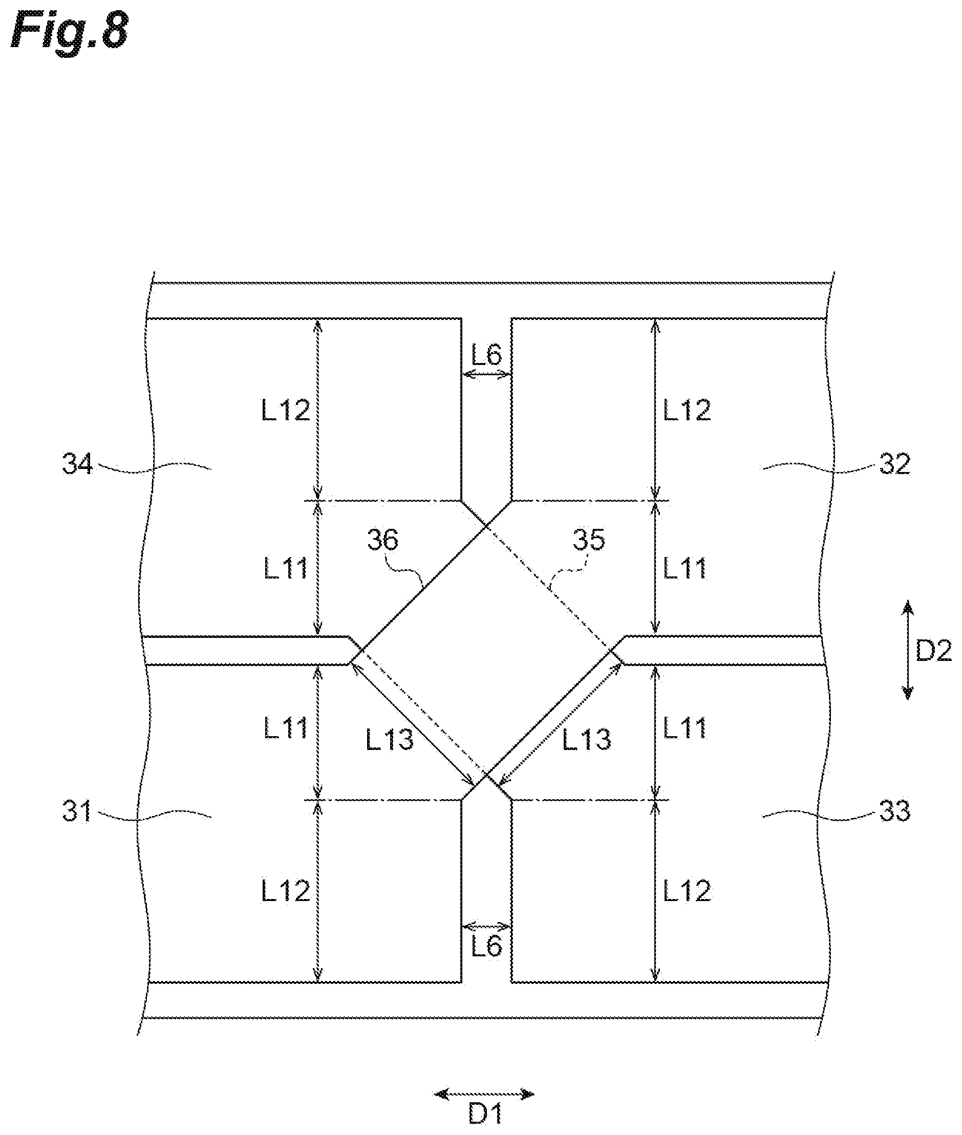 Patent US12568762 Figure 8 – Piezoelectric element with internal electrode having electrode portions and connector