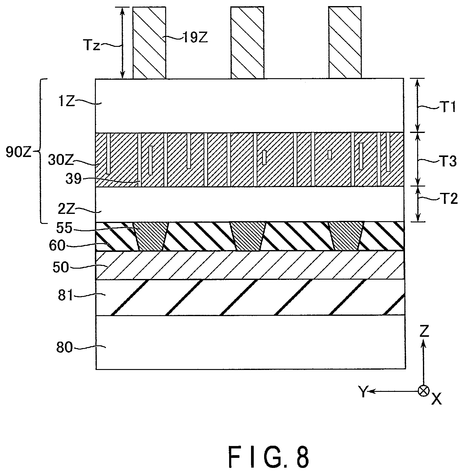 Patent US12568769 Figure 8 – Memory device having a first layer disposed between a memory element and a switching element thereof