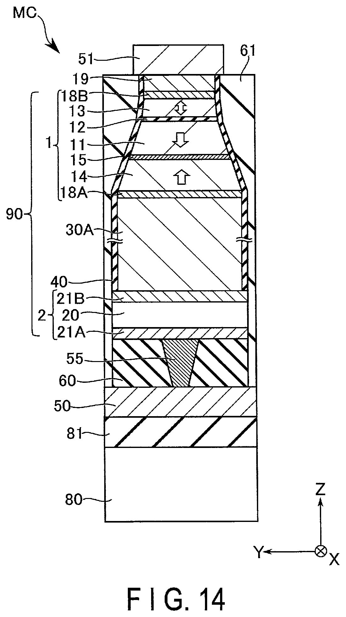 Patent US12568769 Figure 14 – Memory device having a first layer disposed between a memory element and a switching element thereof