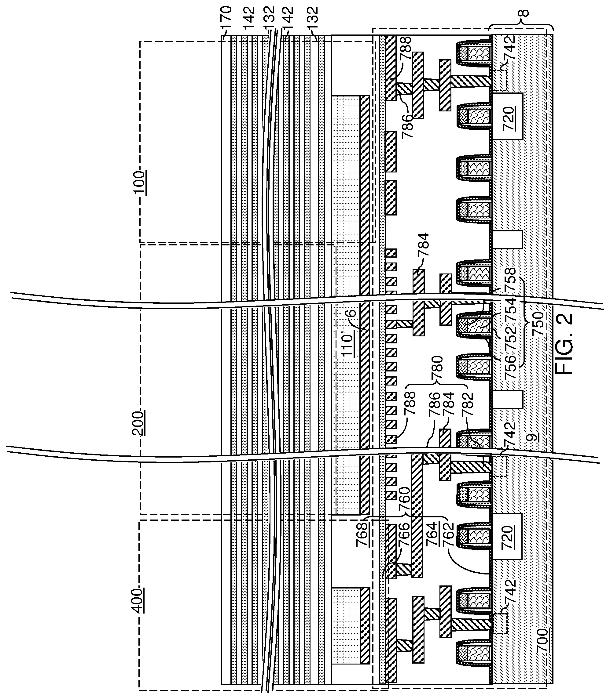 Patent US12568808 Figure 4 – Three-dimensional memory device including stairless word line contact structures and method of making the same