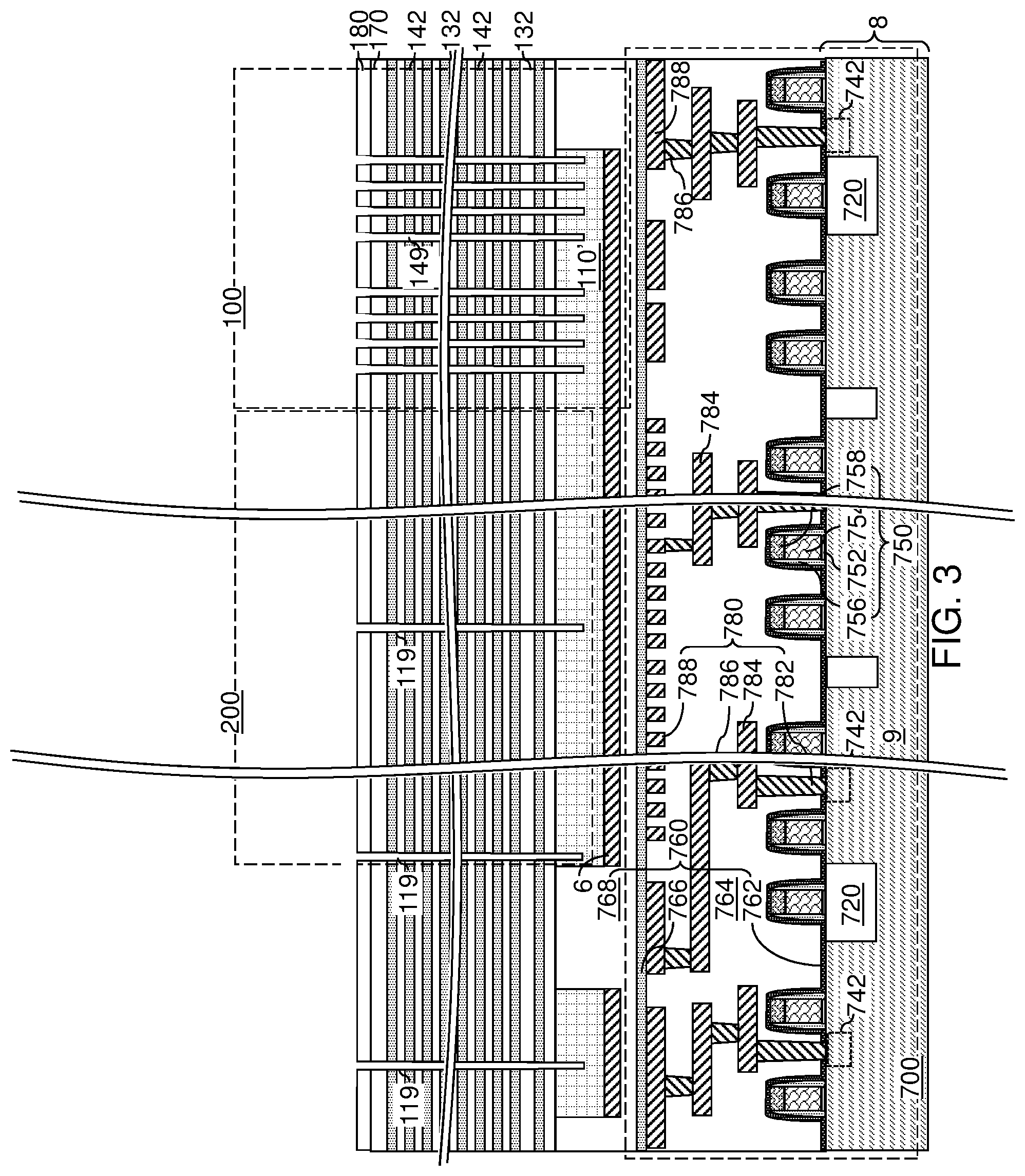 Patent US12568808 Figure 5 – Three-dimensional memory device including stairless word line contact structures and method of making the same
