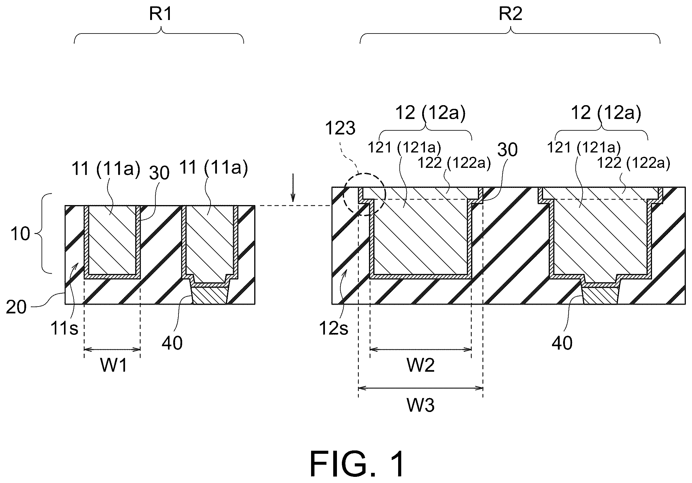 Patent US12568815 Figure 1 – Wirings for semiconductor device arranged at different intervals and having different widths