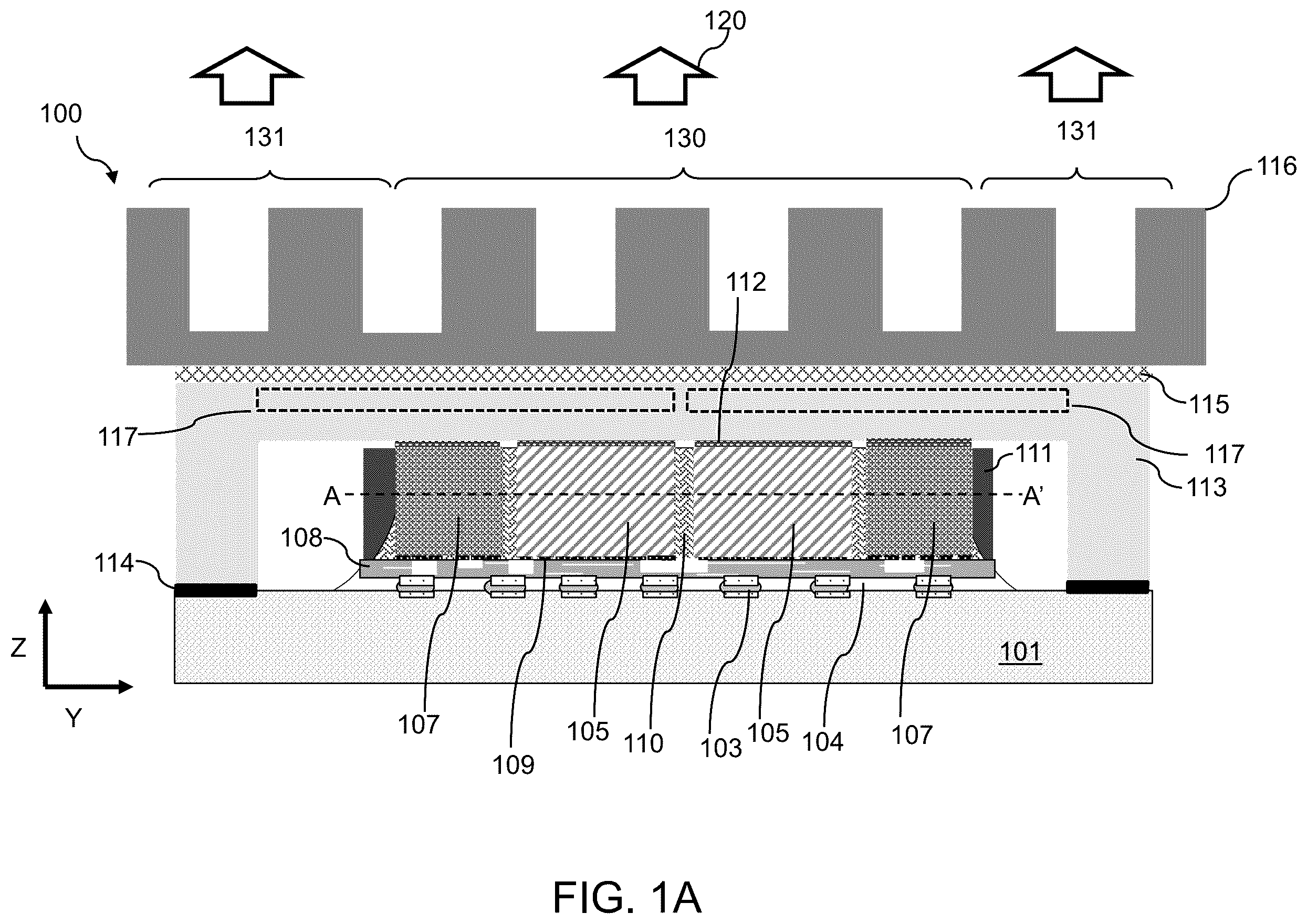 Patent US12568820 Figure 1 – Semiconductor package including lid with integrated heat pipe for thermal management and methods for forming the same