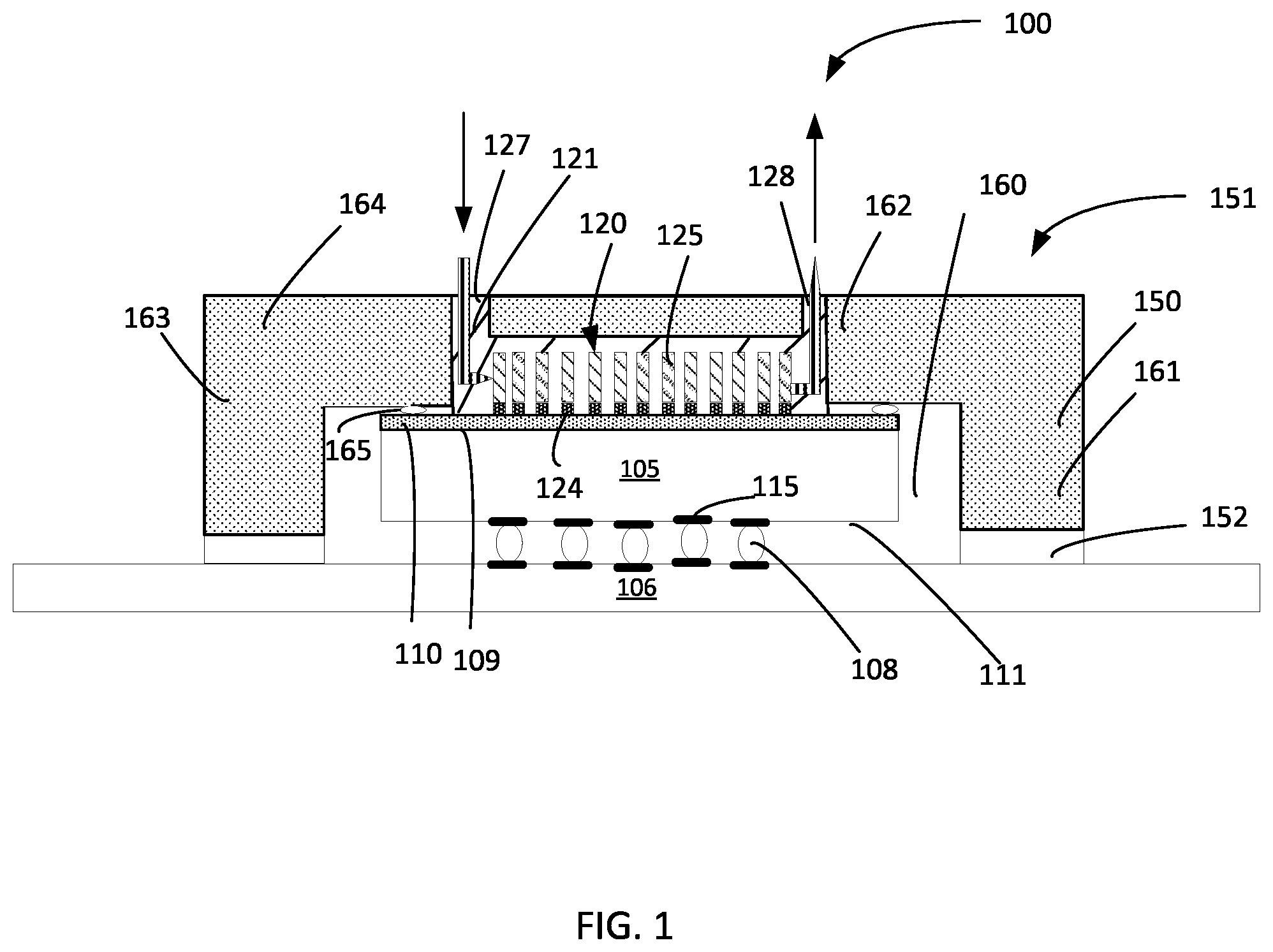 Patent US12568821 — Pin fin placement assembly for forming temperature control element utilized in device die packages — Figure 1