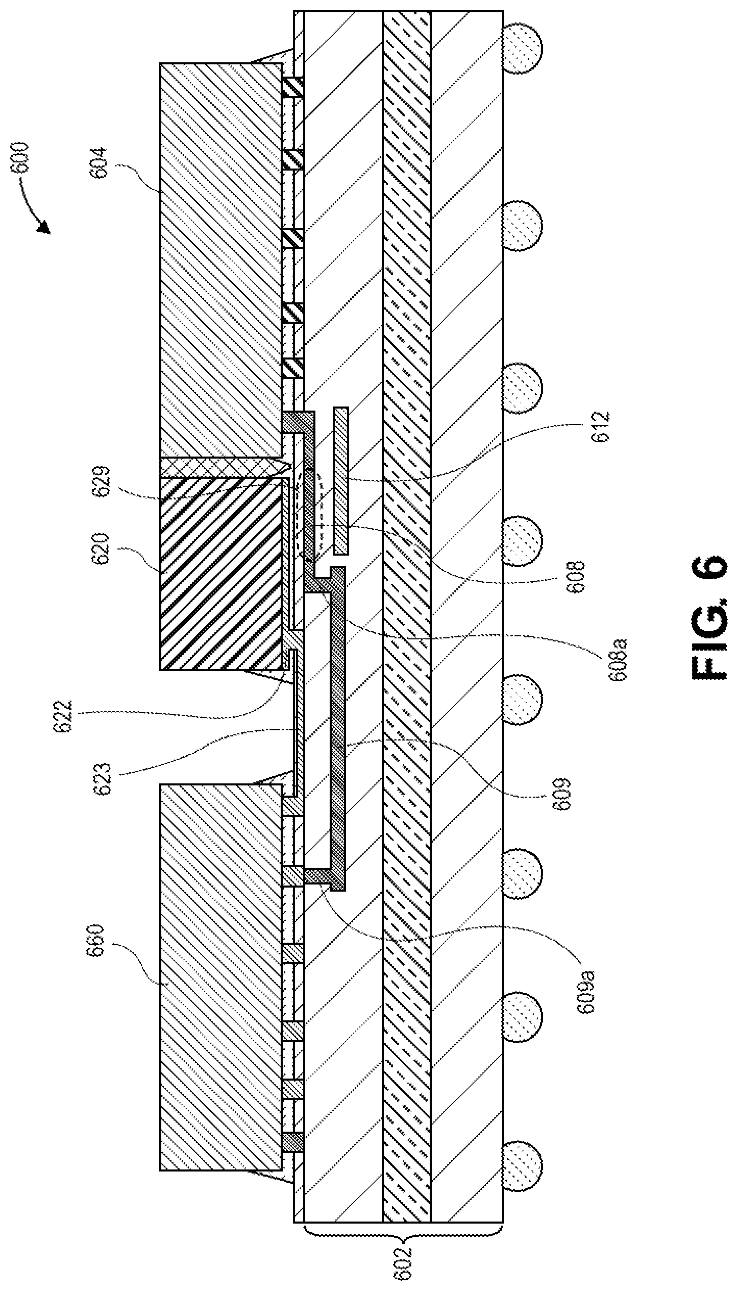 Patent US12568858 Figure 6 – Secondary die with a ground plane for strip line routing