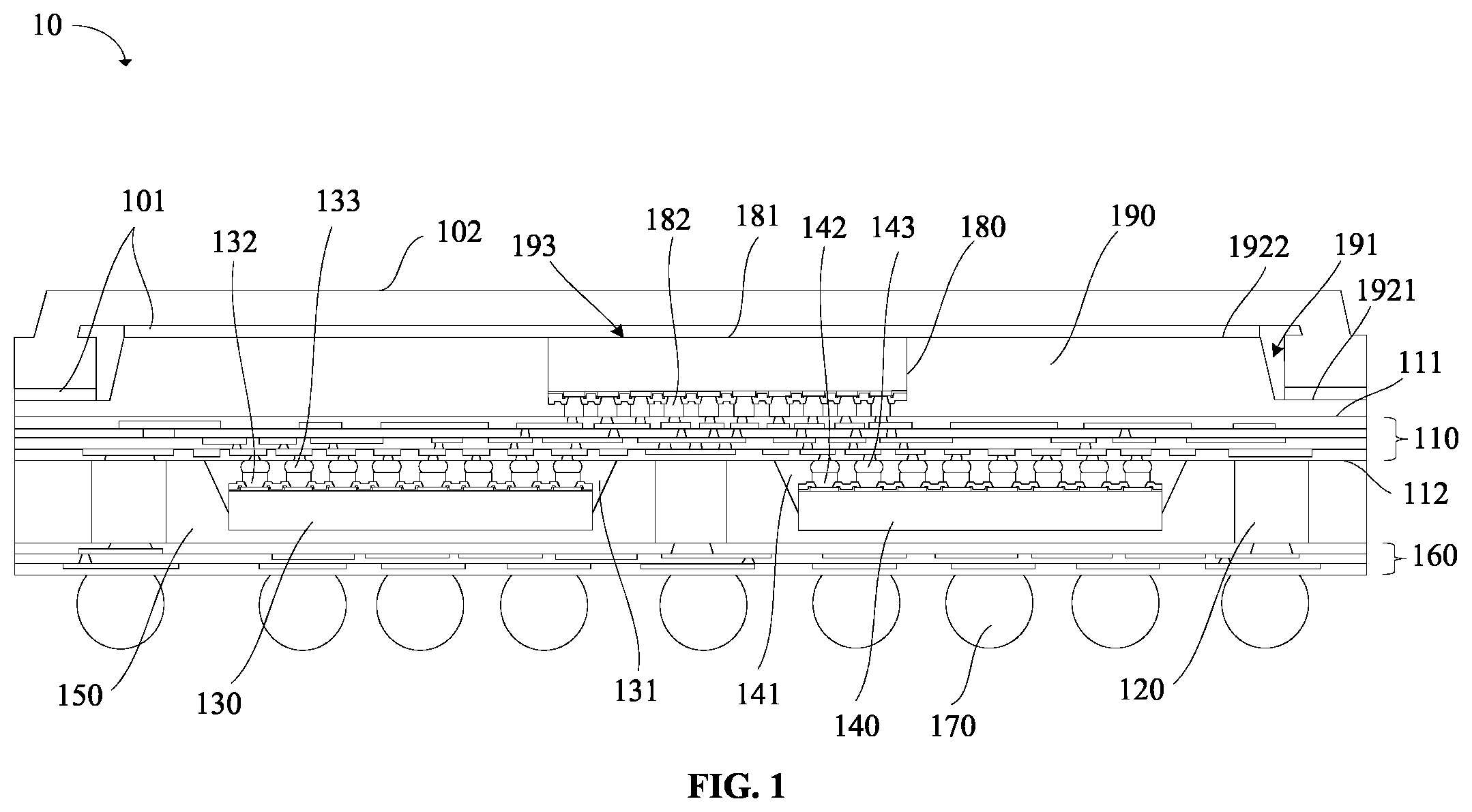 Patent US12568864 Figure 1 – Stacked package structure including a chip disposed on a redistribution layer and a molding layer comprises a recess