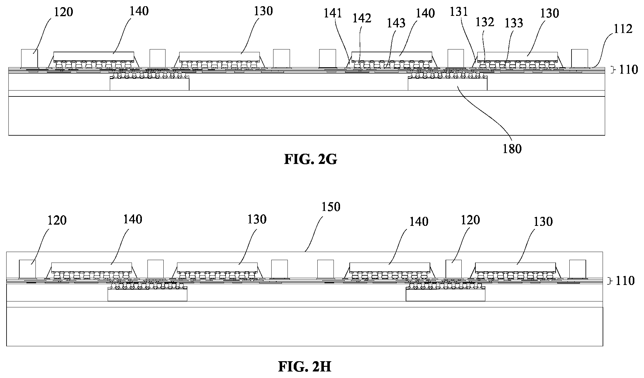 Patent US12568864 Figure 4 – Stacked package structure including a chip disposed on a redistribution layer and a molding layer comprises a recess
