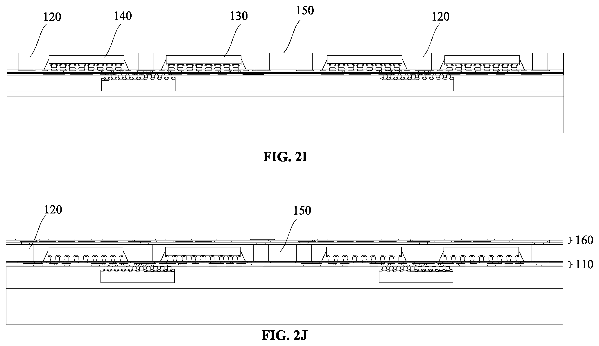 Patent US12568864 Figure 5 – Stacked package structure including a chip disposed on a redistribution layer and a molding layer comprises a recess