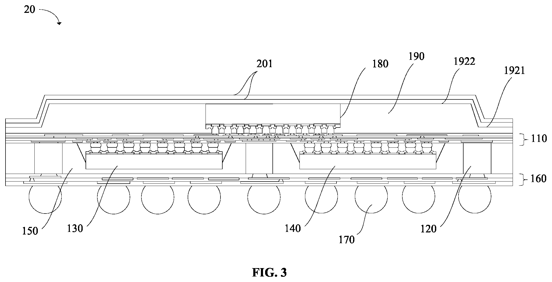 Patent US12568864 Figure 8 – Stacked package structure including a chip disposed on a redistribution layer and a molding layer comprises a recess