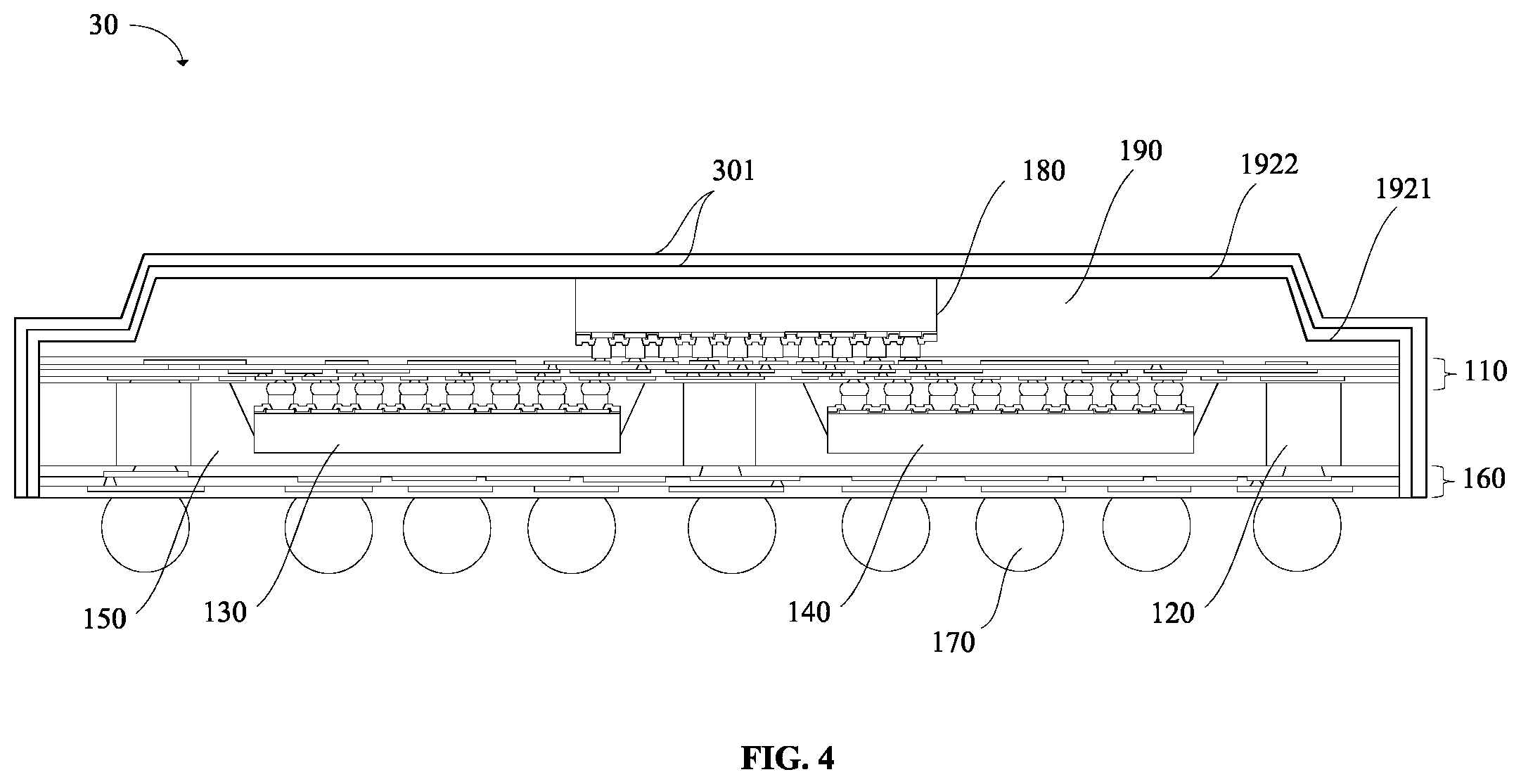 Patent US12568864 Figure 9 – Stacked package structure including a chip disposed on a redistribution layer and a molding layer comprises a recess