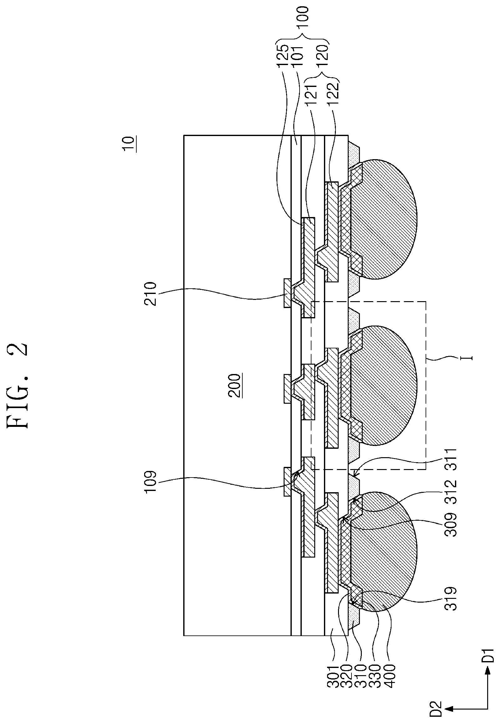 Patent US12568867 Figure 2 – Semiconductor package including under-bump protection patterns and method of manufacturing the semiconductor package