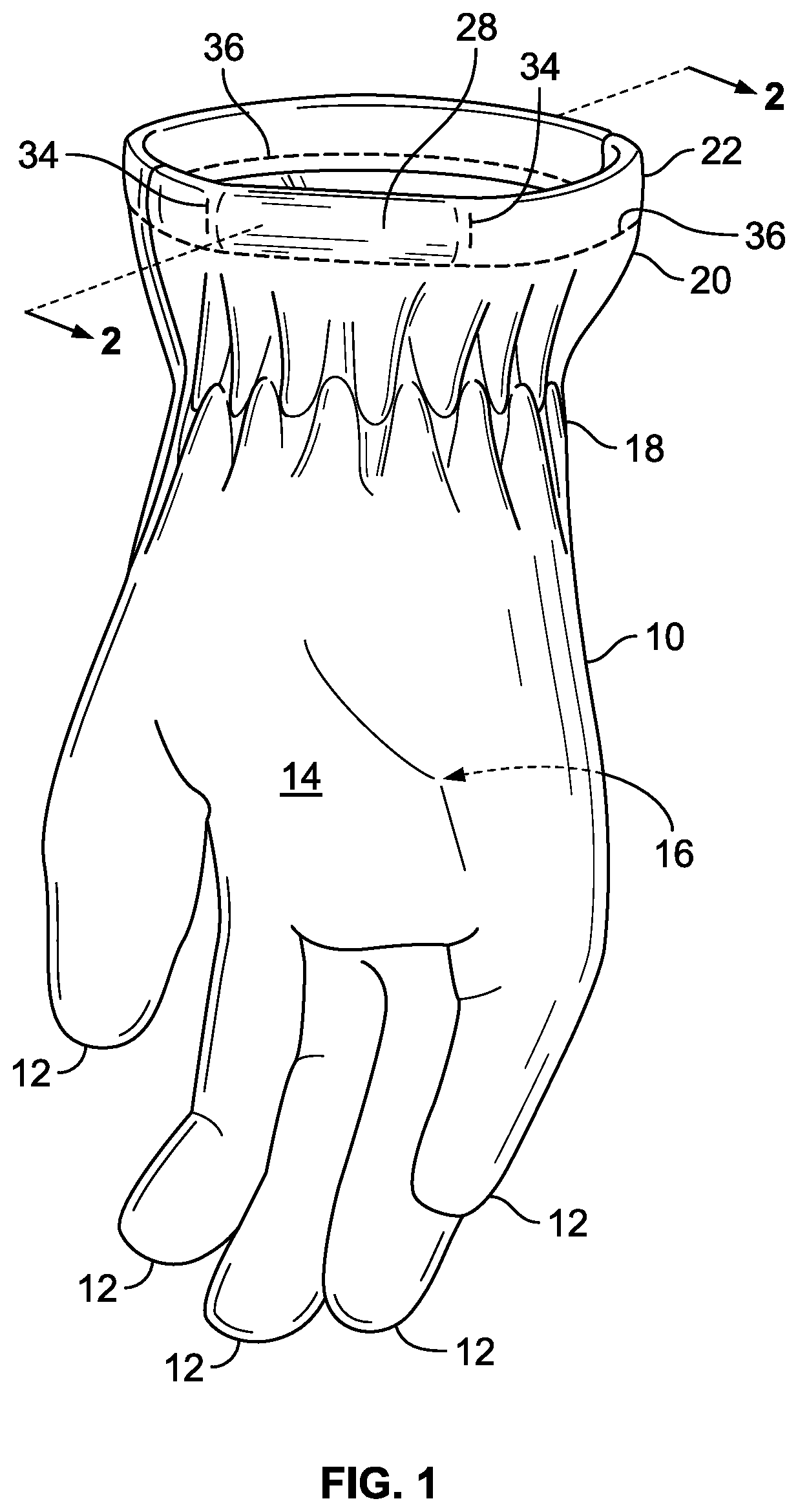 Patent US12569019 Figure 1 – Glove construction