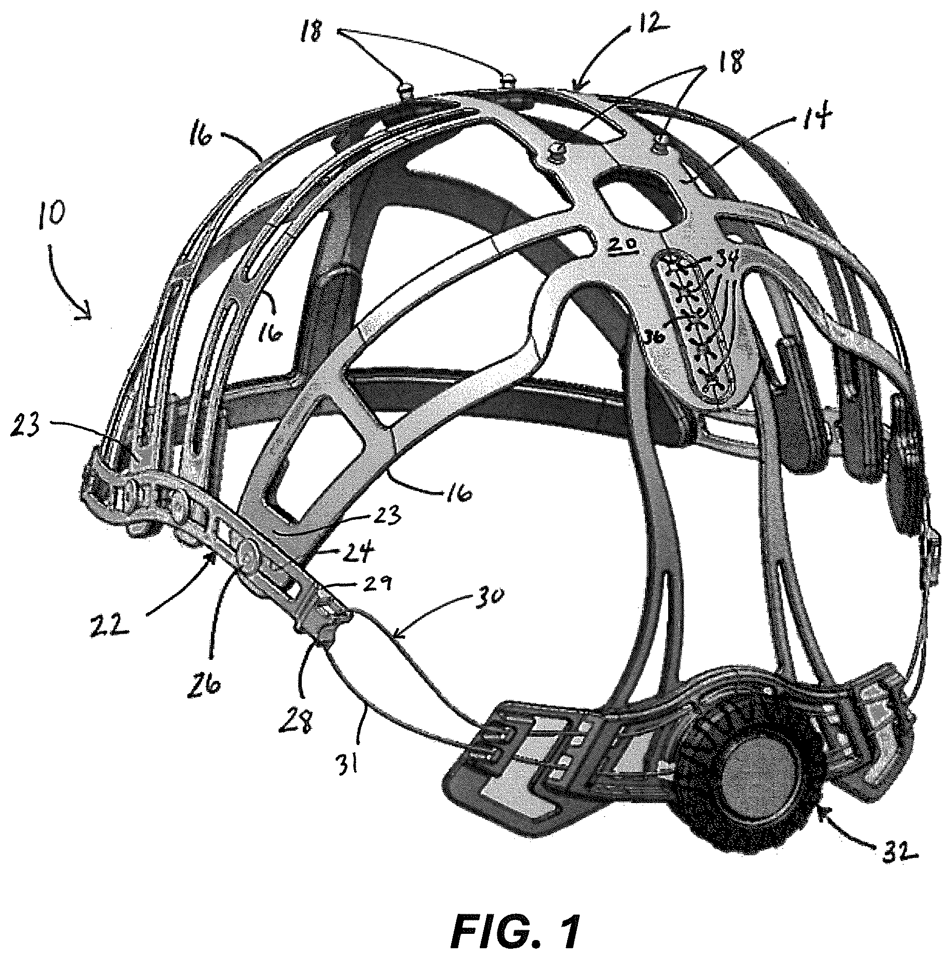 Patent US12569023 Figure 1 – Adjustable helmet liner system