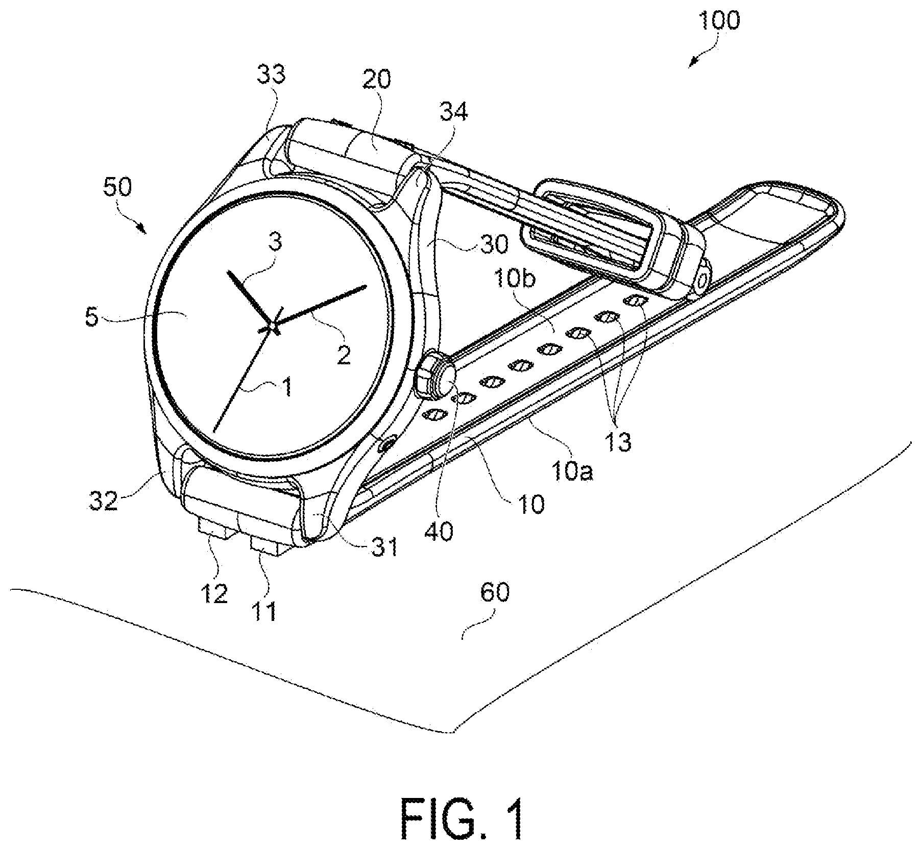 Patent US12569039 Figure 1 – Band and timepiece