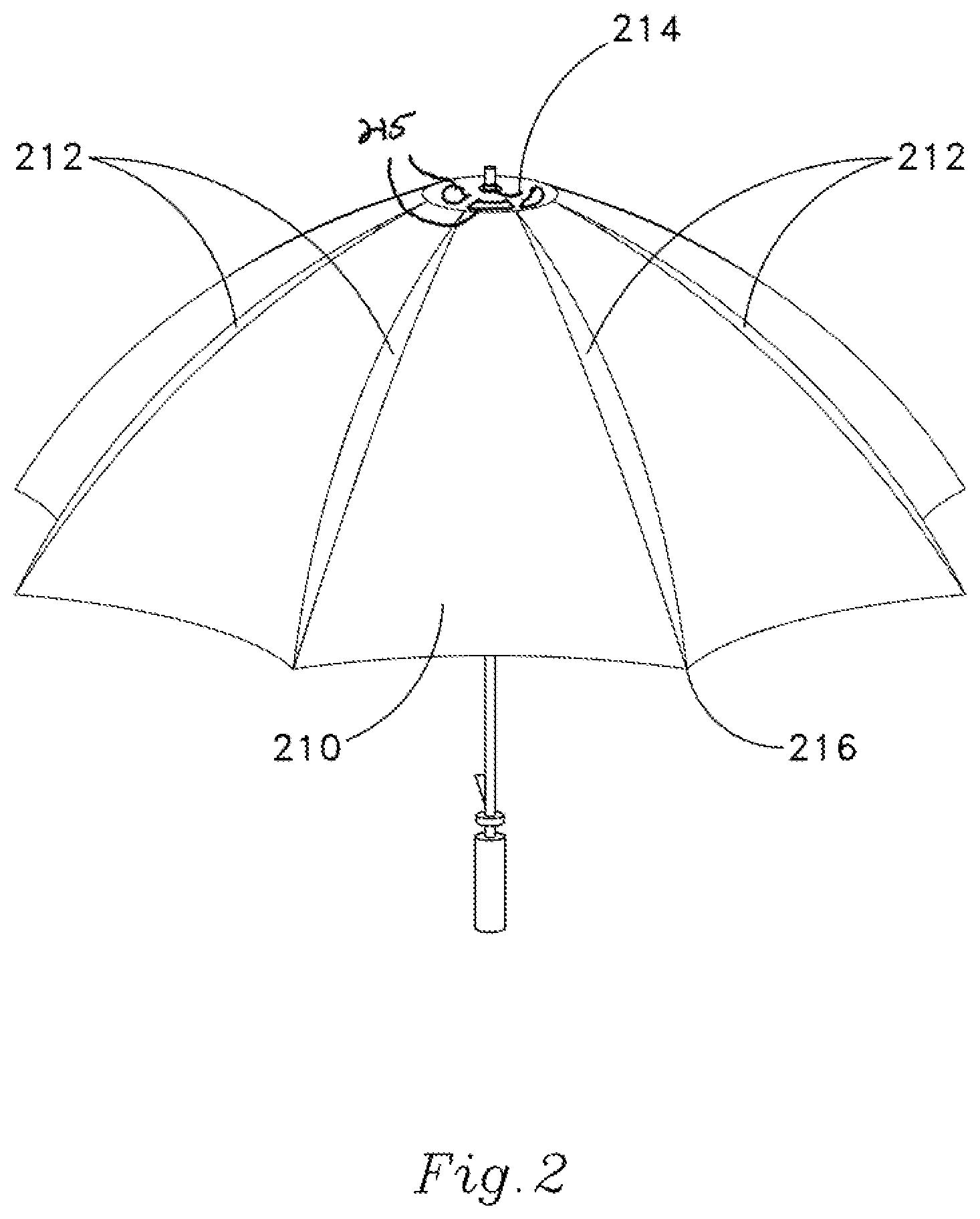 Patent US12569041 Figure 2 – Wind-resistance reducing canopy structure for umbrella