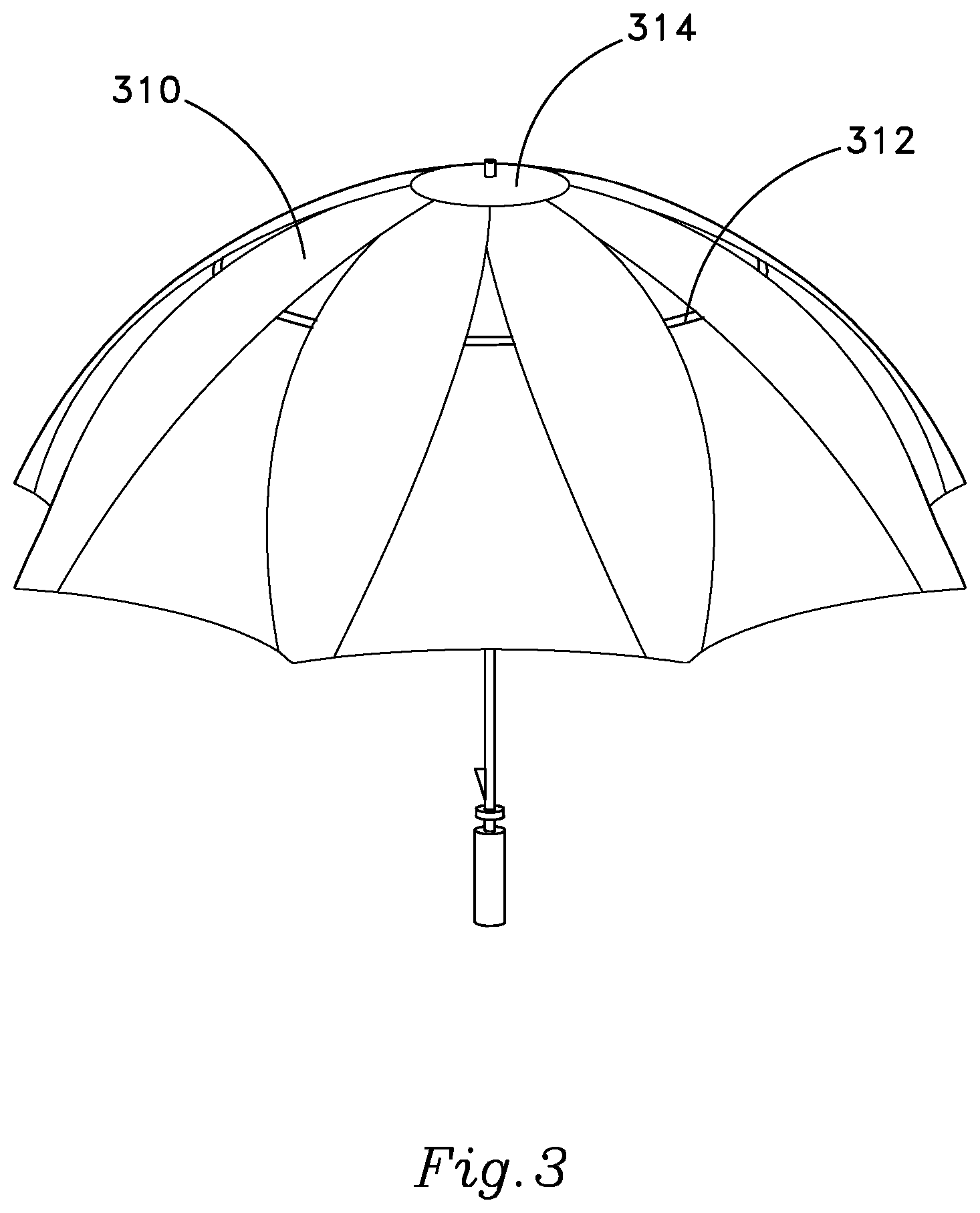 Patent US12569041 Figure 3 – Wind-resistance reducing canopy structure for umbrella