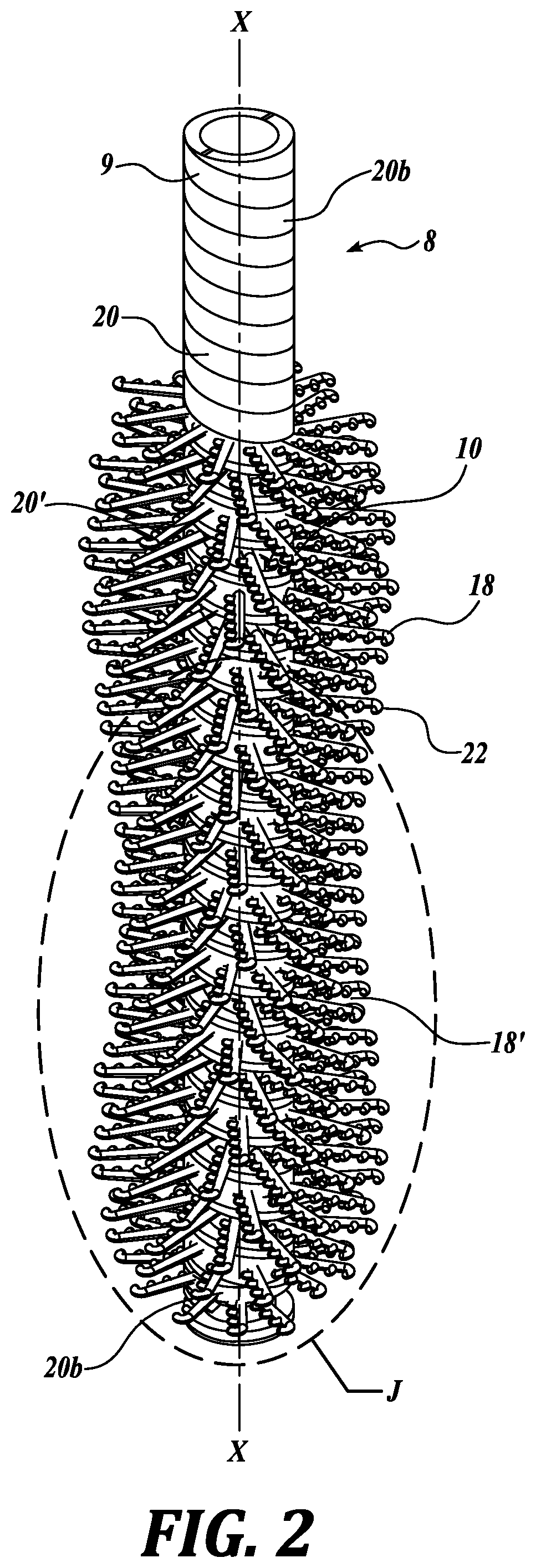 Patent US12569056 Figure 2 – Spiral cosmetic applicator with downward facing microcombs