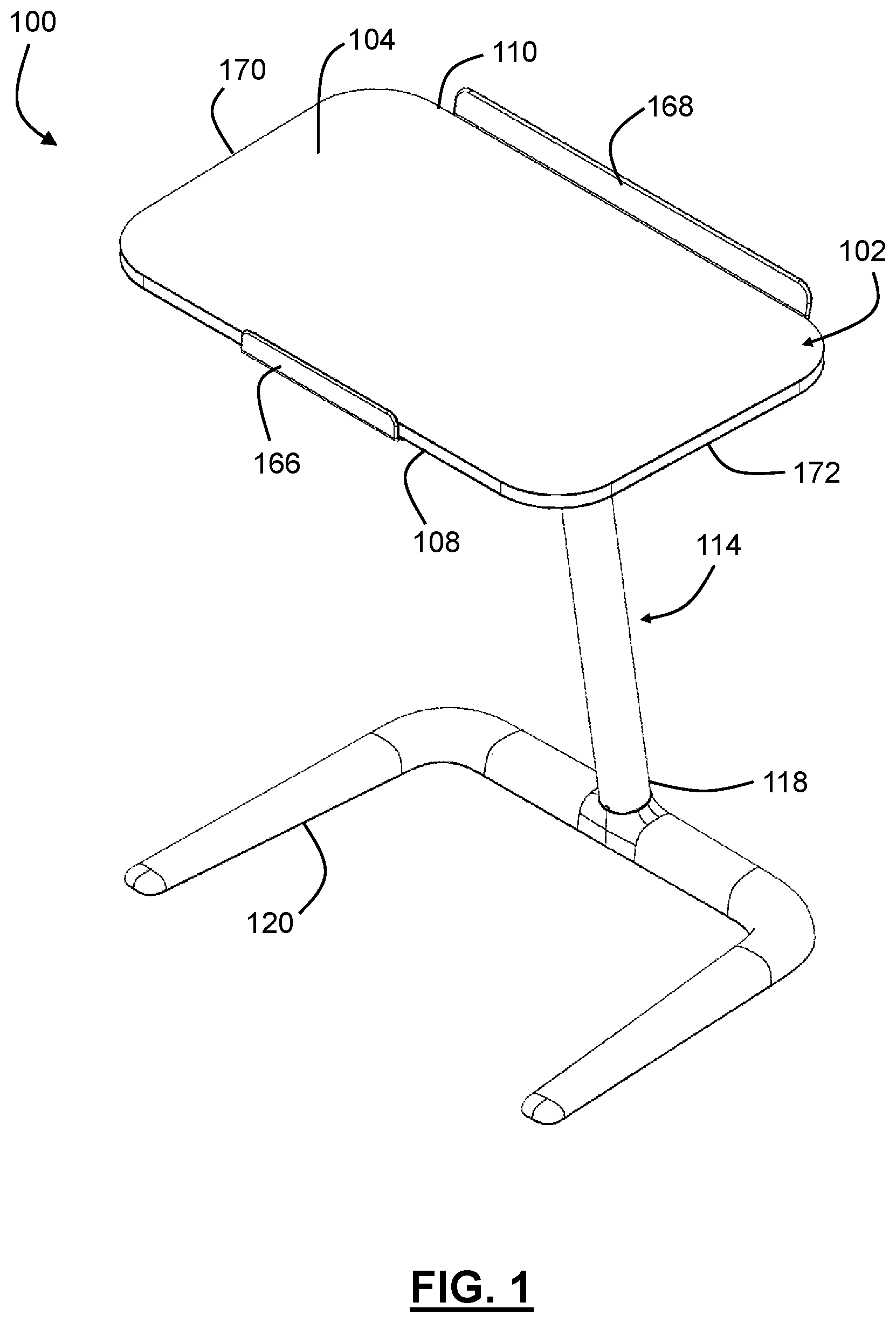 Patent US12569059 Figure 1 – Workstation with tilt-adjustable tabletop