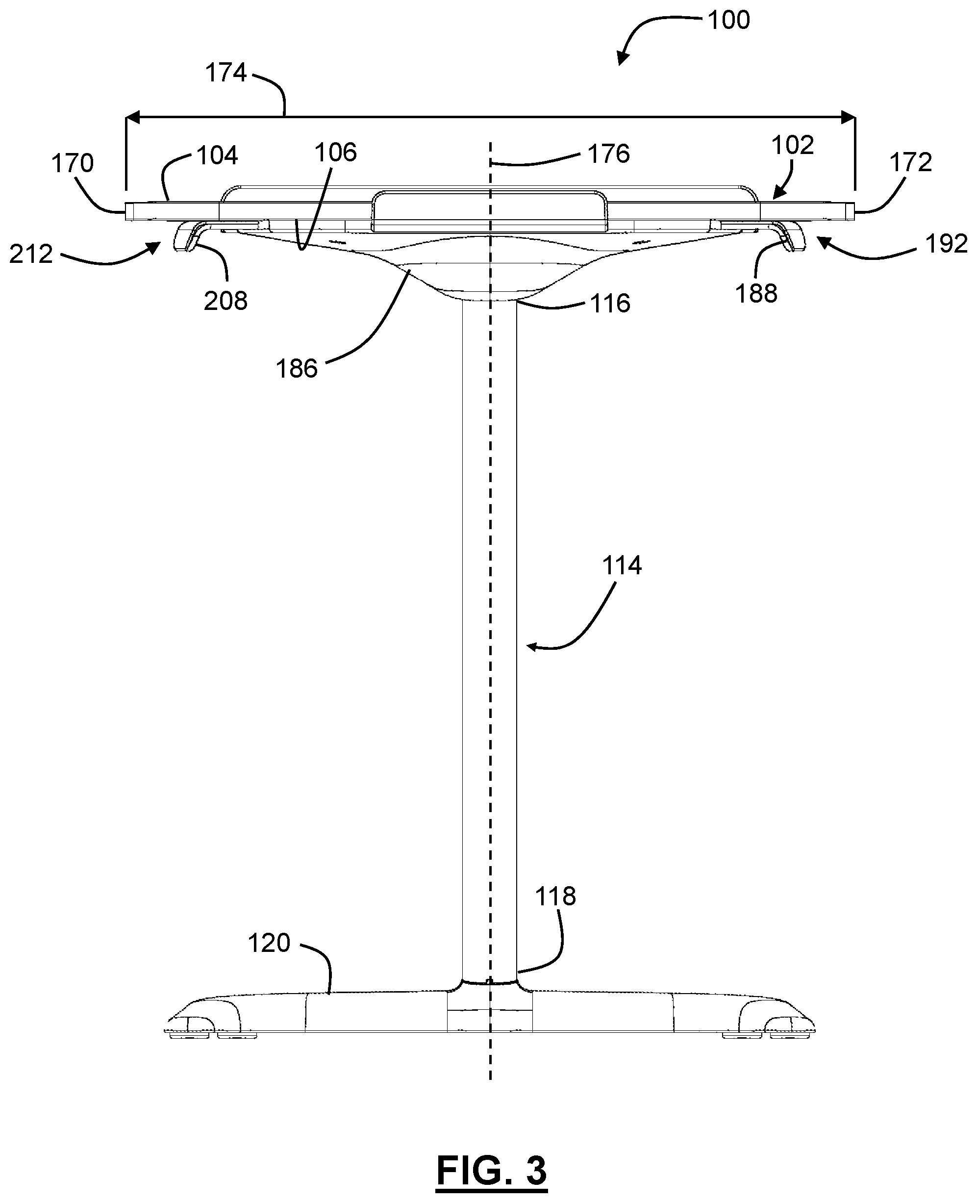 Patent US12569059 Figure 3 – Workstation with tilt-adjustable tabletop