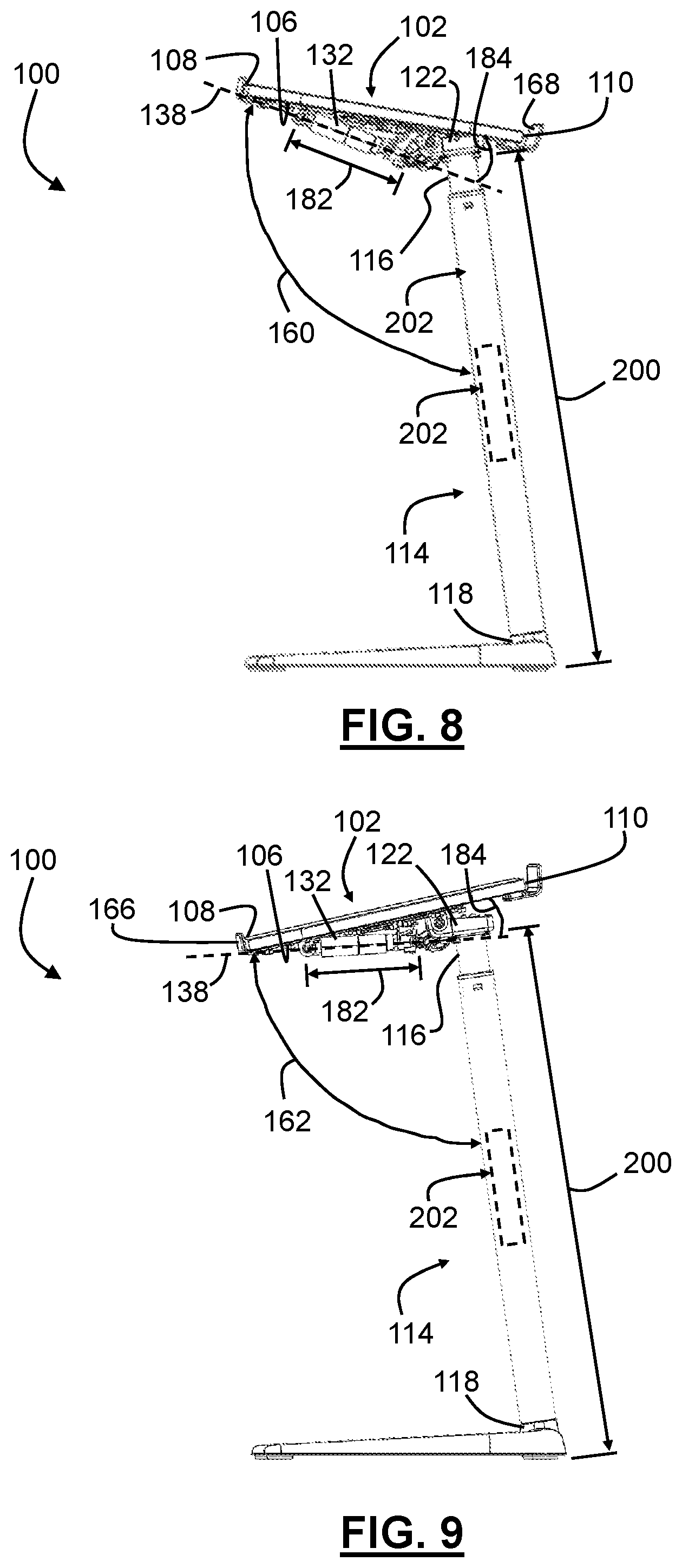 Patent US12569059 Figure 7 – Workstation with tilt-adjustable tabletop