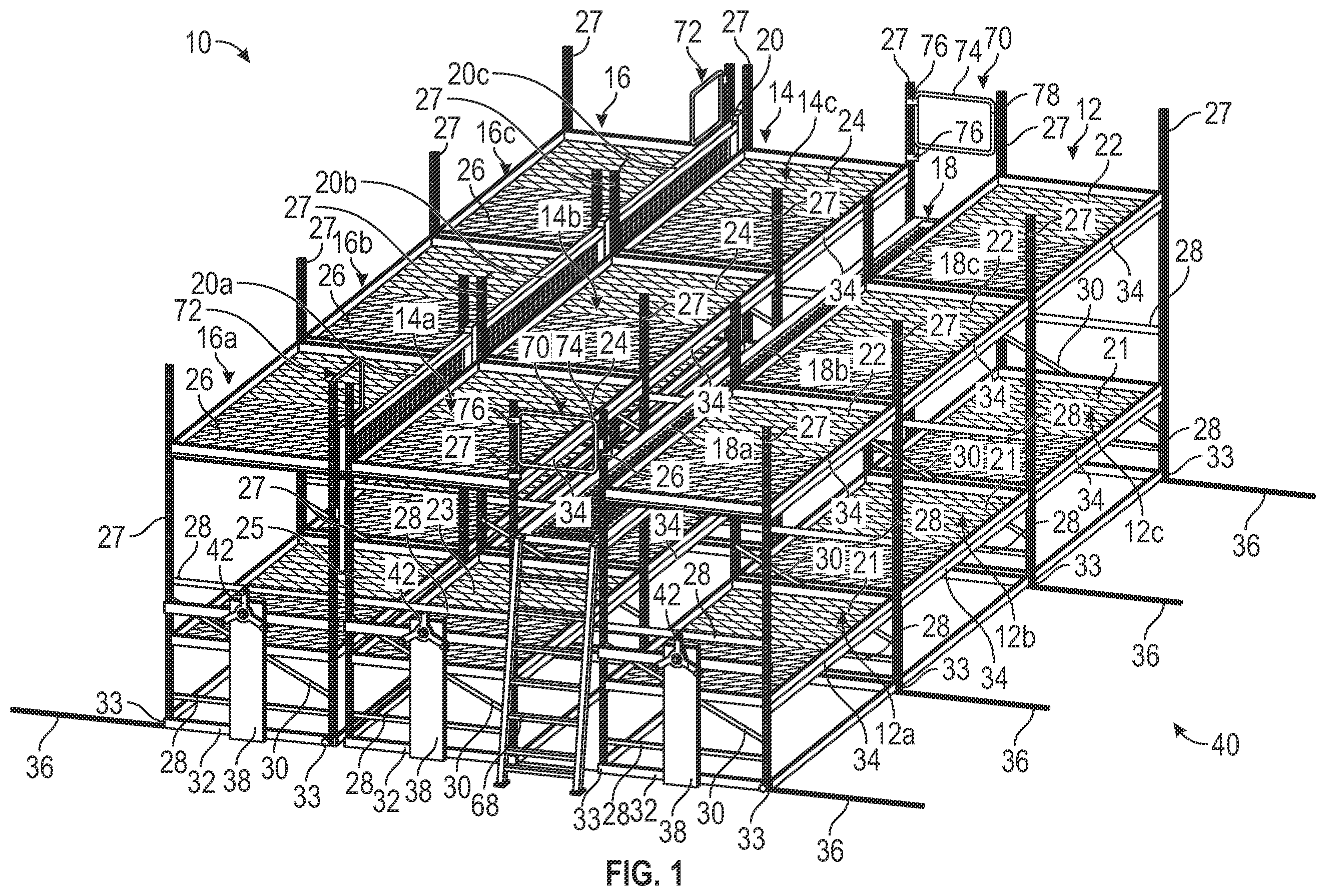 Patent US12569060 Figure 1 – Mobile storage system with elevated platform