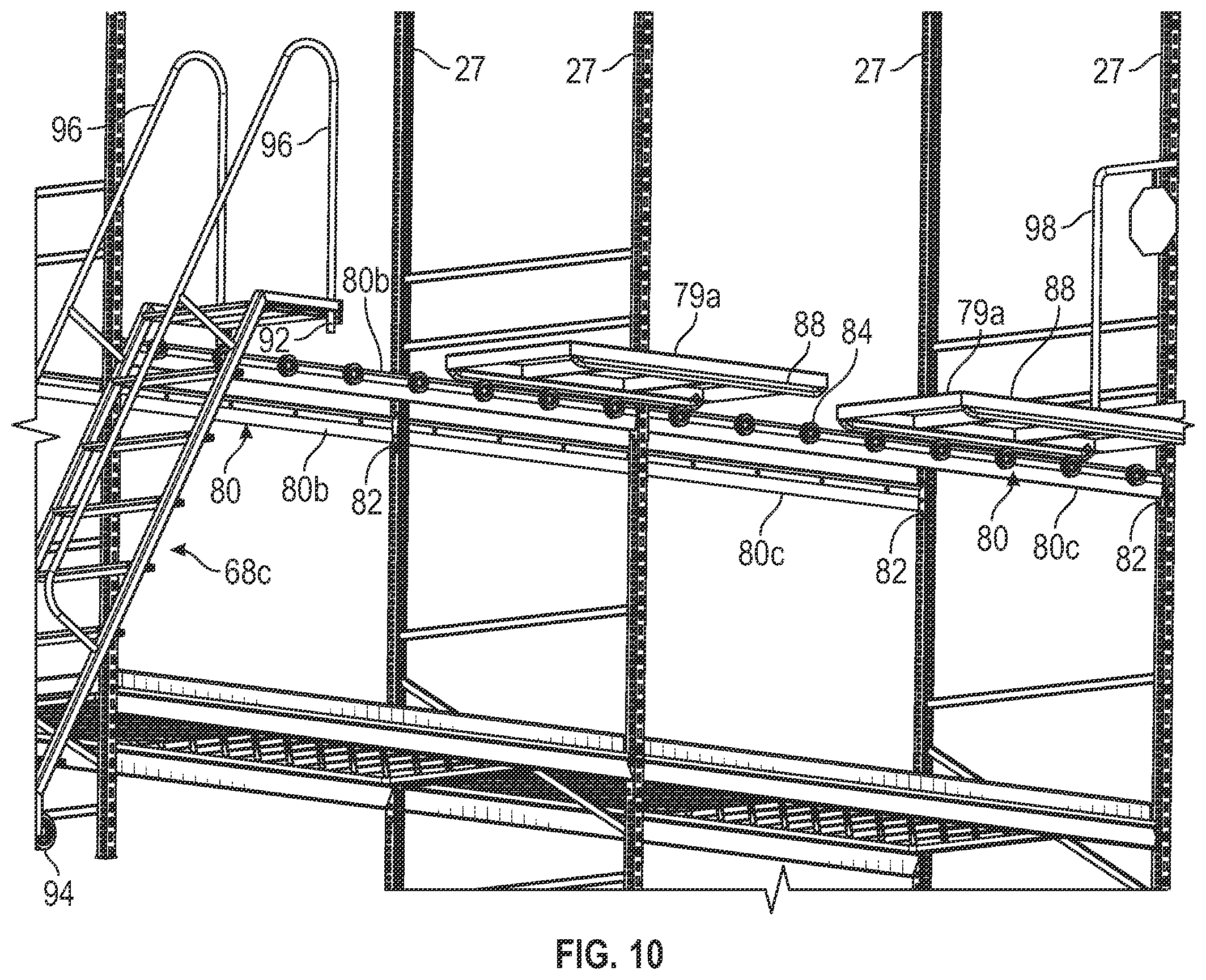 Patent US12569060 Figure 10 – Mobile storage system with elevated platform