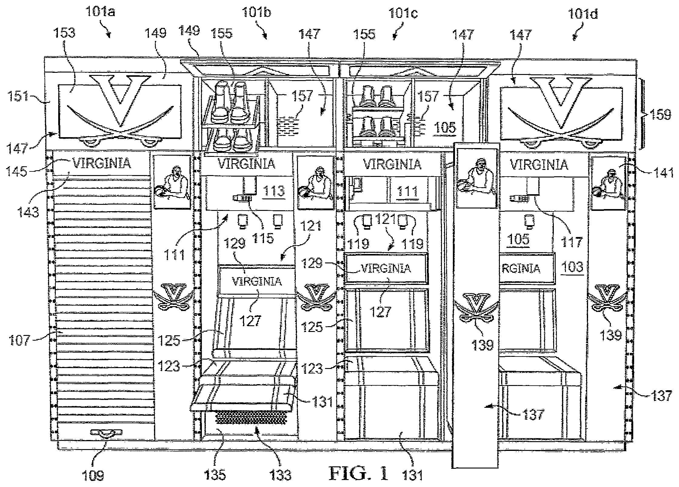 Patent US12569062 Figure 1 – Locker with reclining seat and roll-up door