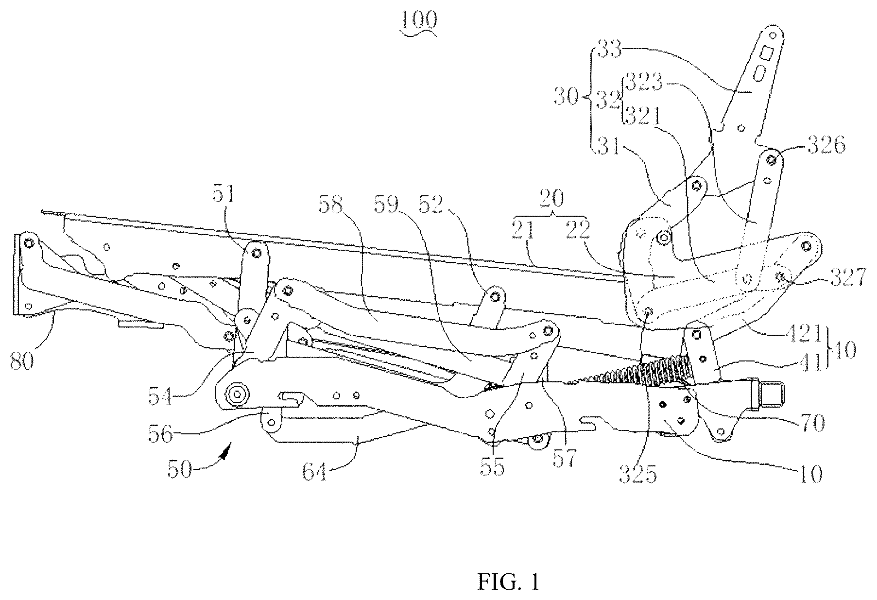 Patent US12569066 Figure 1 – Seat frame and seat with switchable sitting and lying positions