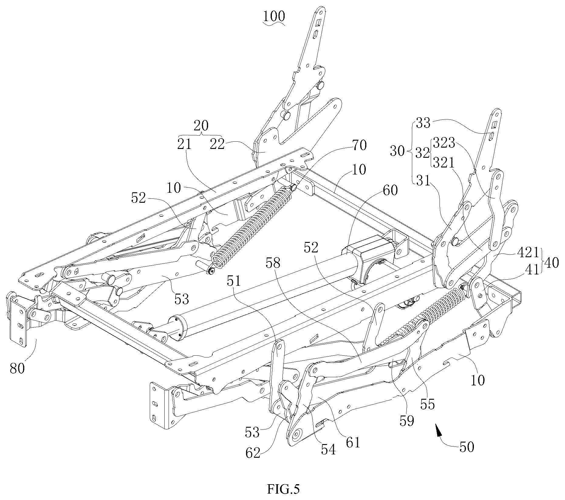 Patent US12569066 Figure 5 – Seat frame and seat with switchable sitting and lying positions