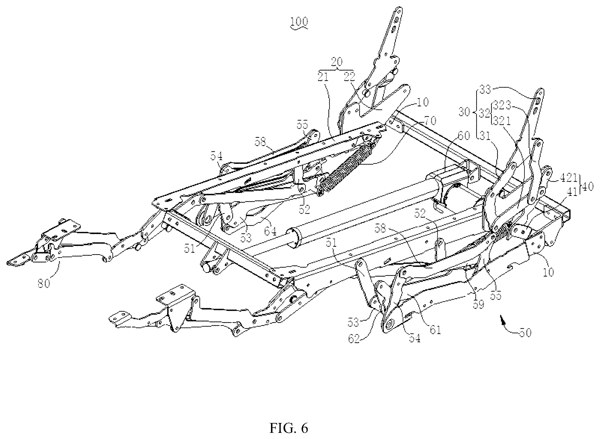 Patent US12569066 Figure 6 – Seat frame and seat with switchable sitting and lying positions