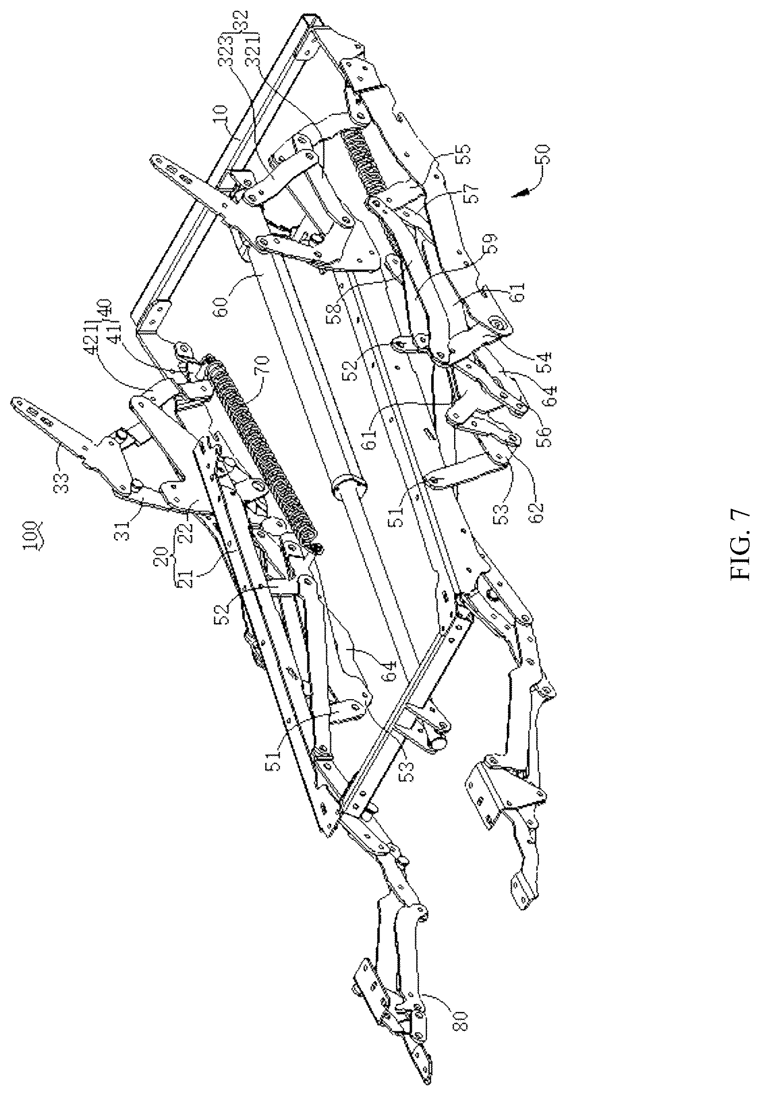 Patent US12569066 Figure 7 – Seat frame and seat with switchable sitting and lying positions