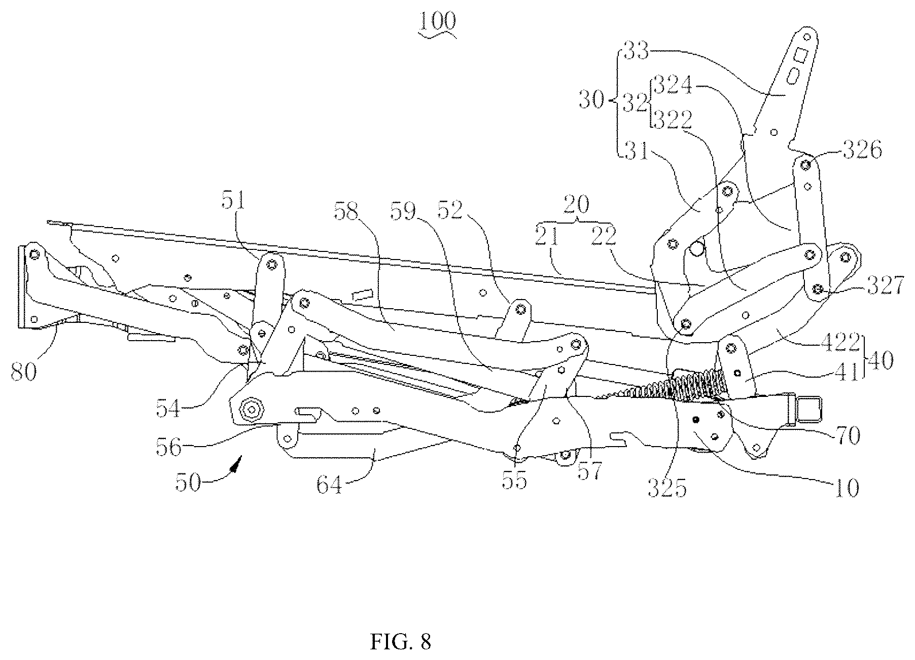 Patent US12569066 Figure 8 – Seat frame and seat with switchable sitting and lying positions