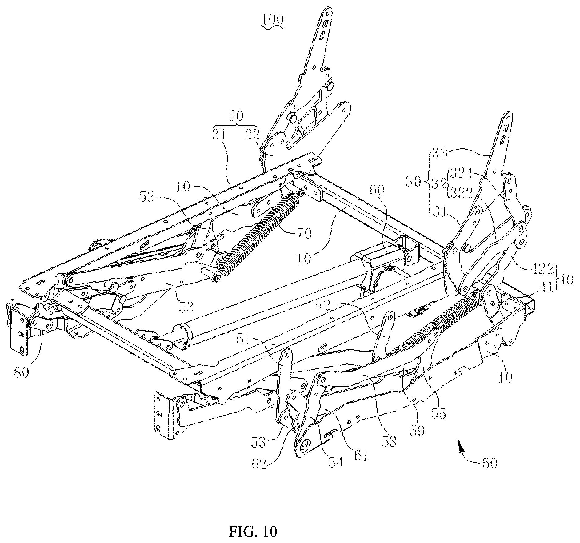 Patent US12569066 Figure 10 – Seat frame and seat with switchable sitting and lying positions