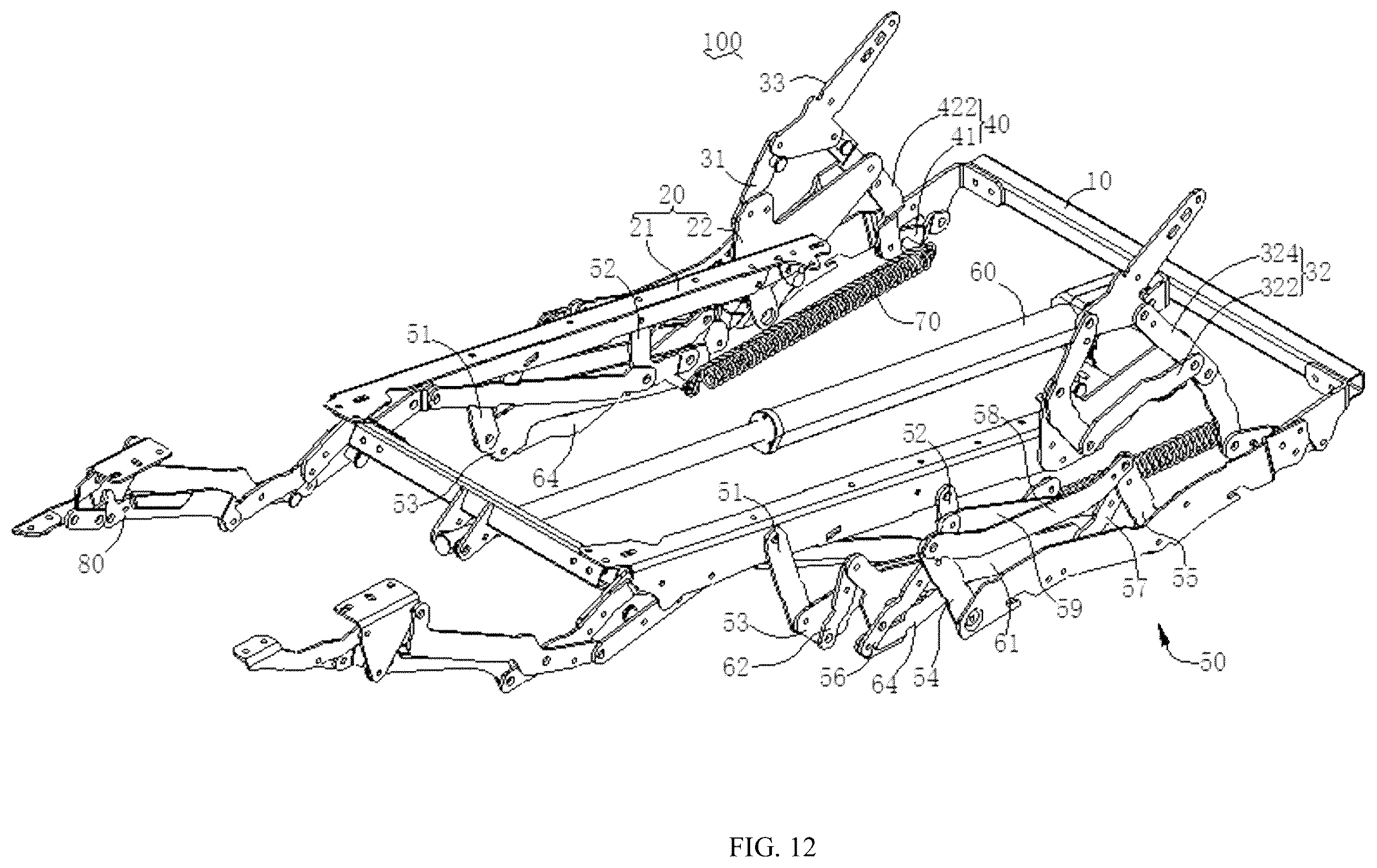Patent US12569066 Figure 12 – Seat frame and seat with switchable sitting and lying positions