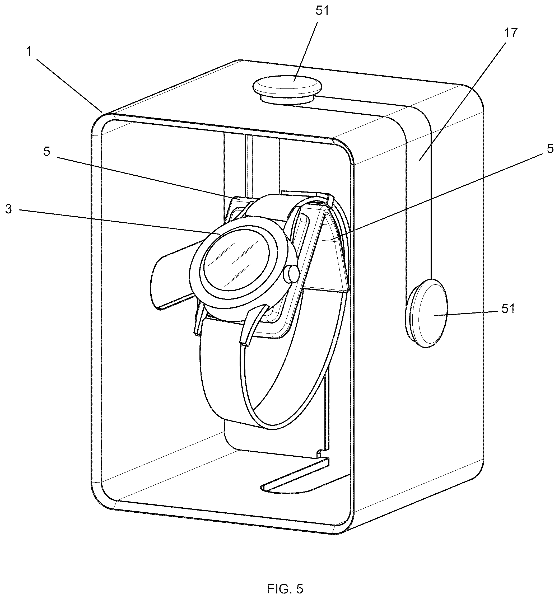 Patent US12569079 Figure 5 – Suspended watch holder display container