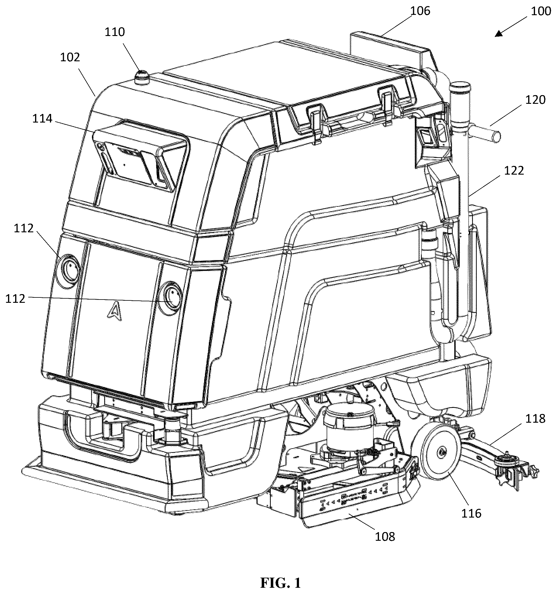 Patent US12569096 Figure 1 – System and method of software and pitch control of a disinfection module for a semi-autonomous cleaning and disinfection device