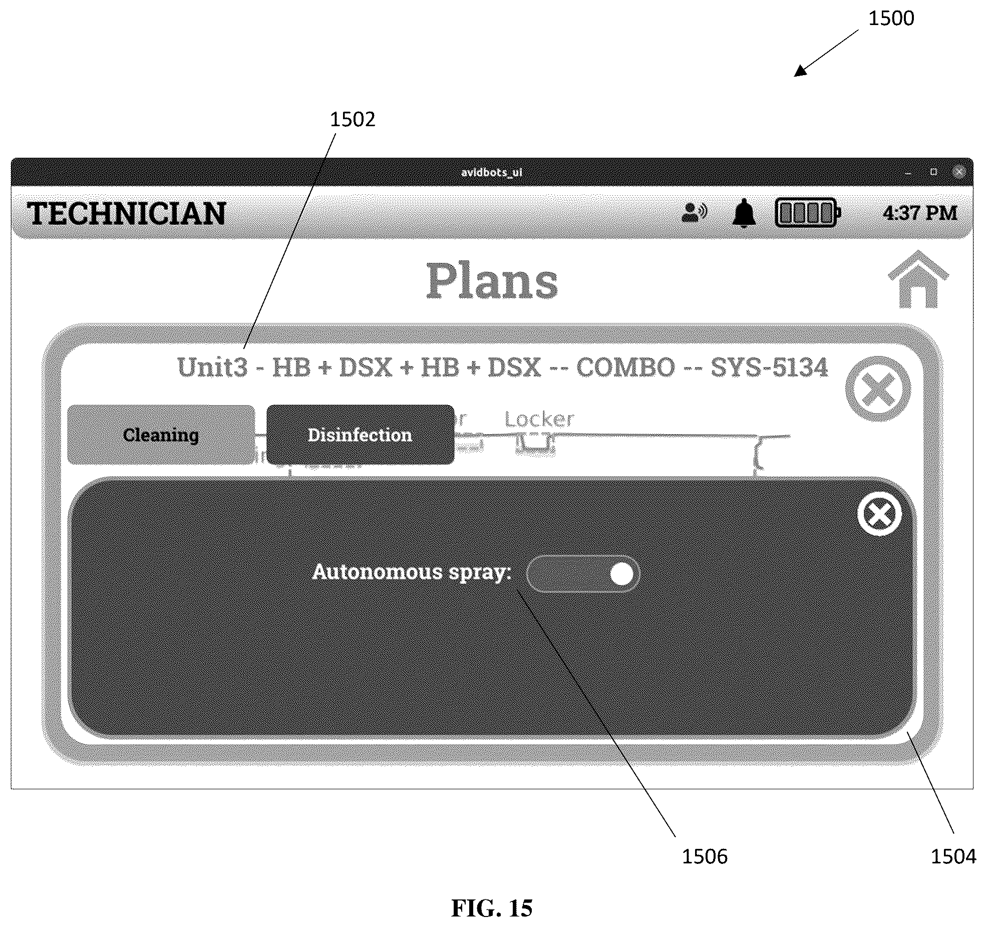 Patent US12569096 Figure 15 – System and method of software and pitch control of a disinfection module for a semi-autonomous cleaning and disinfection device