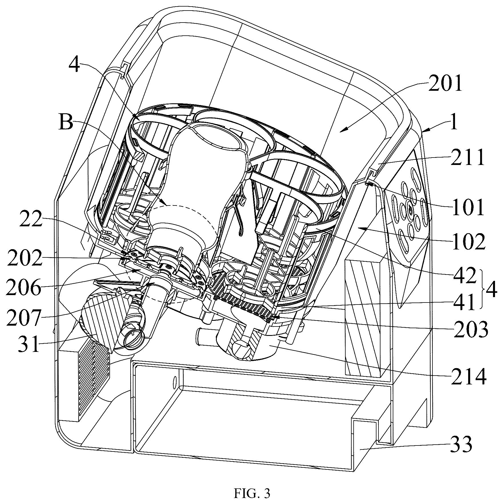 Patent US12569107 Figure 3 – Washing device