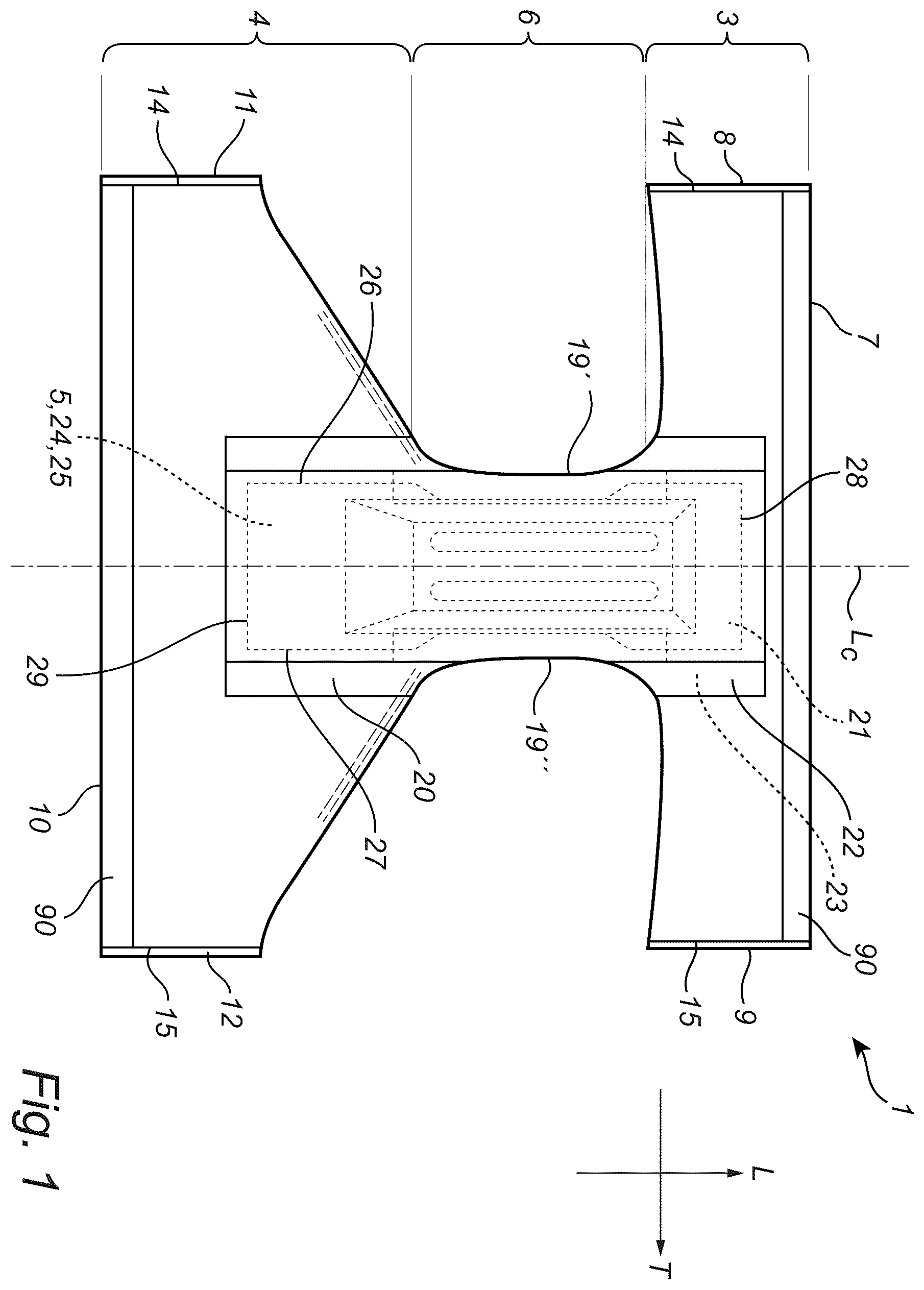 Patent US12569374 Figure 1 – Absorbent article having channels