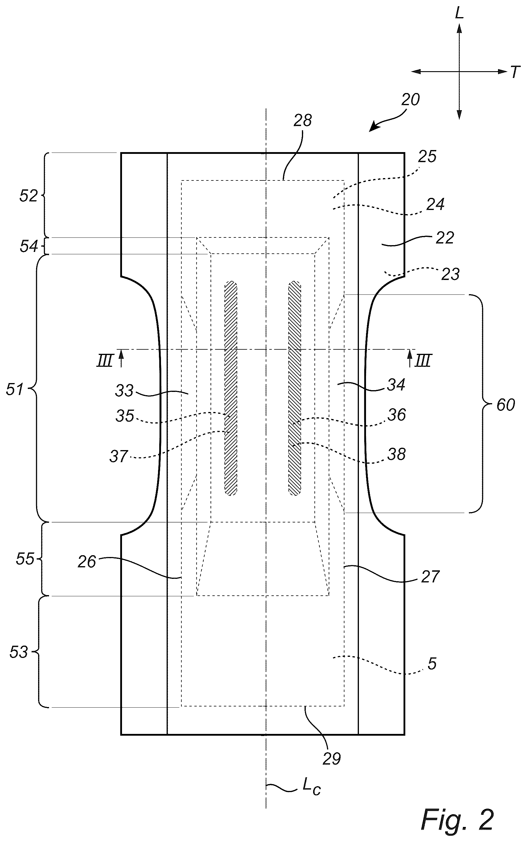 Patent US12569374 Figure 2 – Absorbent article having channels