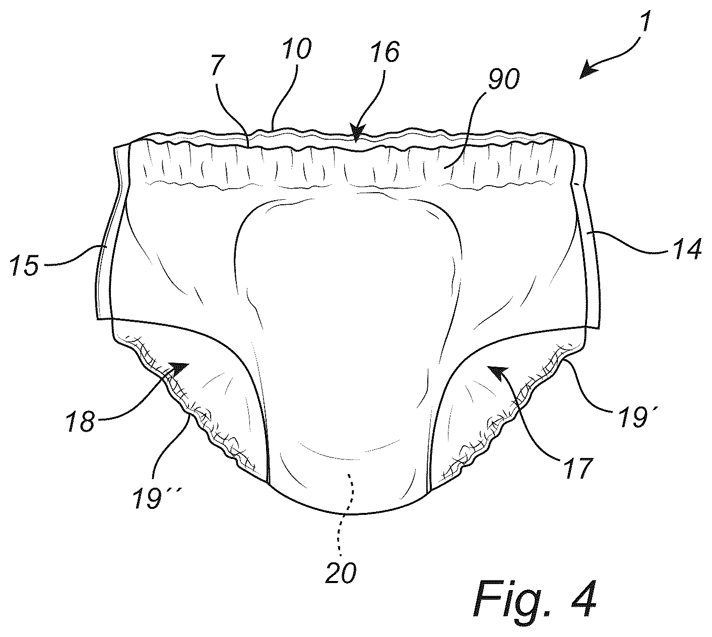 Patent US12569374 Figure 4 – Absorbent article having channels
