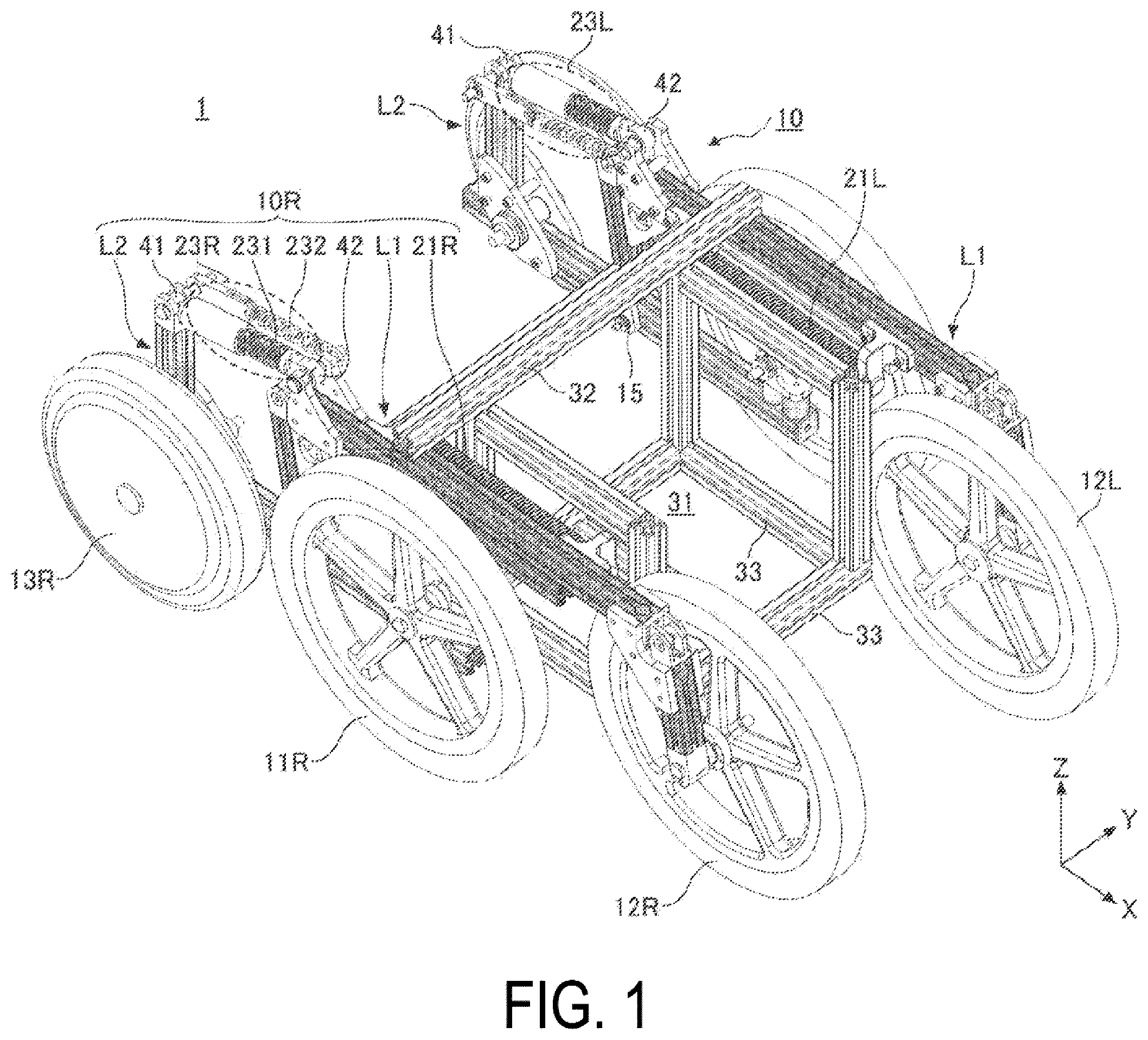 Patent US12569382 Figure 1 – Mobility support device with step climbing mechanism