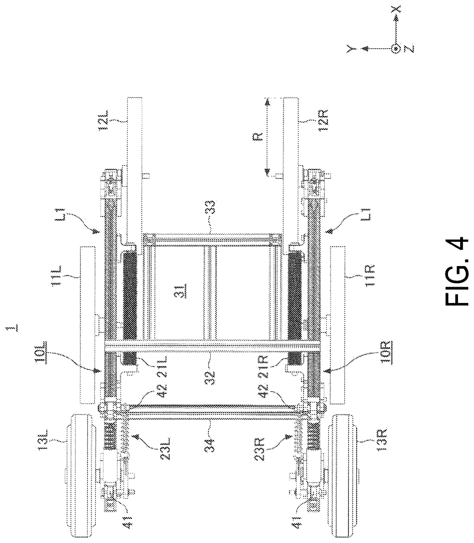 Patent US12569382 Figure 4 – Mobility support device with step climbing mechanism